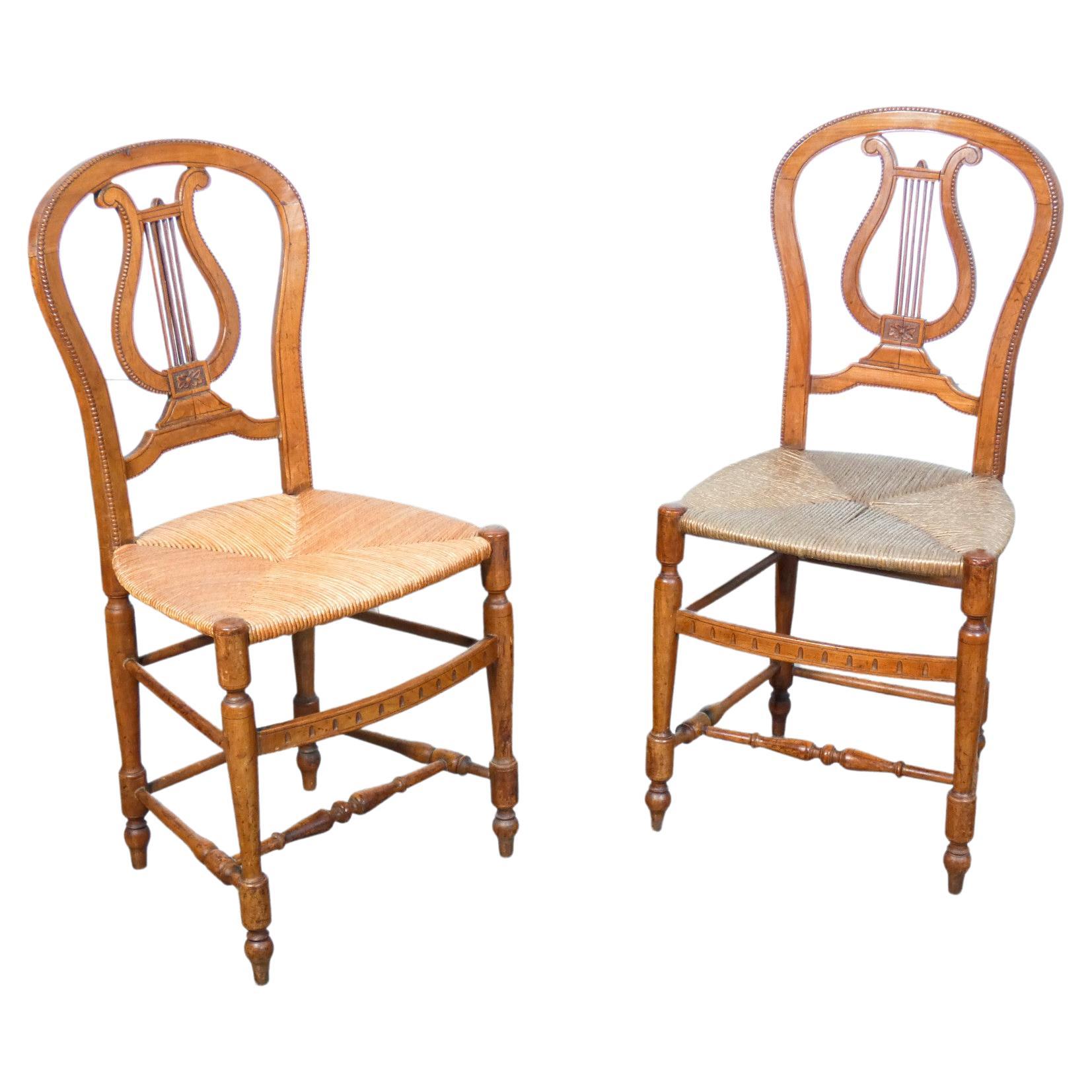 Pair of Cherry Wood Chairs with Lyre-Shaped Back and Straw Seat, Early 20th For Sale