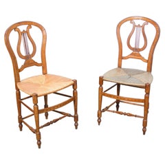 Antique Pair of Cherry Wood Chairs with Lyre-Shaped Back and Straw Seat, Early 20th
