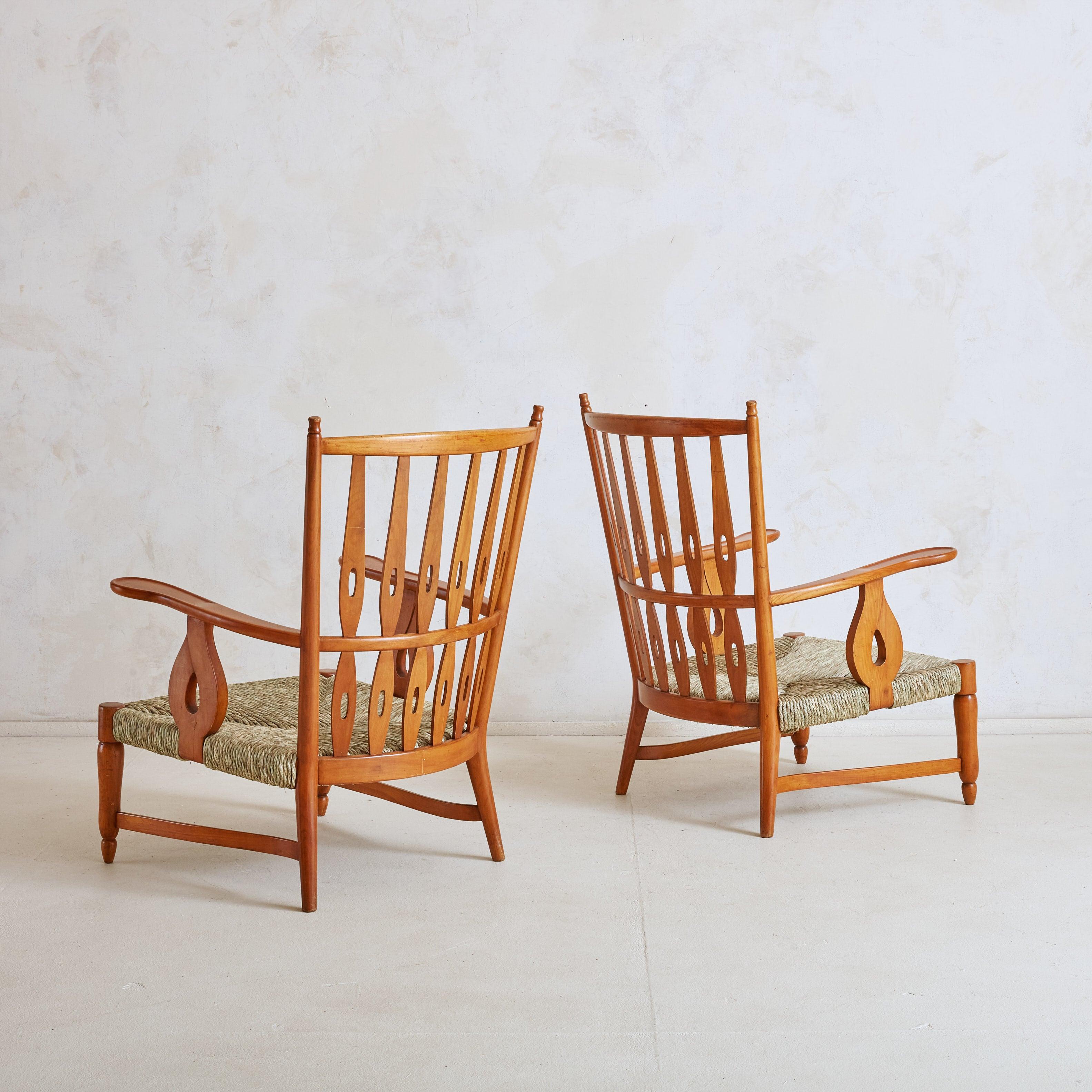 Art Deco Pair of Cherrywood + Rush Armchairs by Paolo Buffa, Italy 1950s