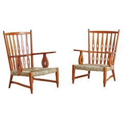Pair of Cherrywood + Rush Armchairs by Paolo Buffa, Italy 1950s