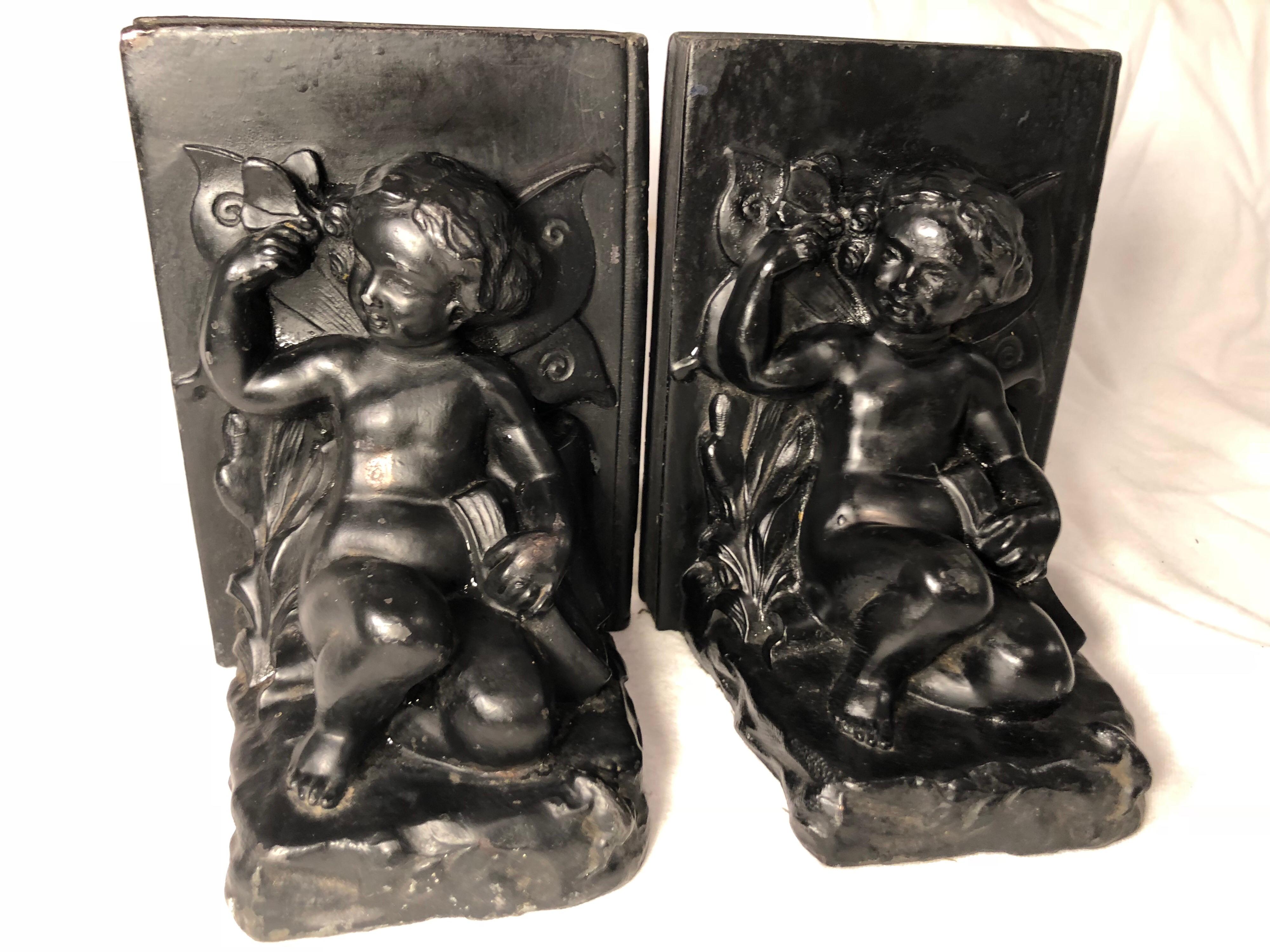 Painted Pair of Victorian Cherub Bookends For Sale