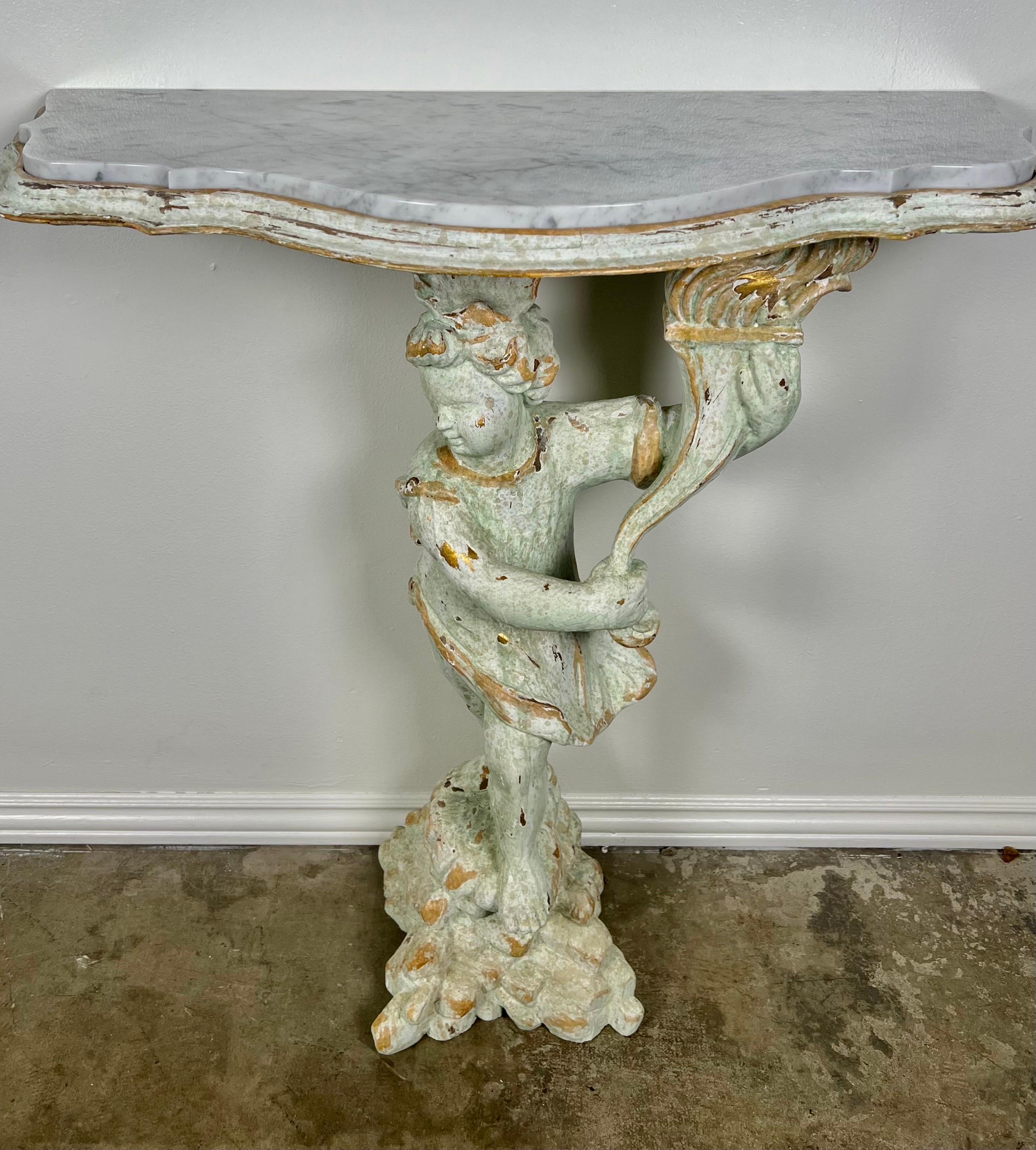 Pair of Cherub Consoles with Marble Tops, circa 1930s For Sale 3