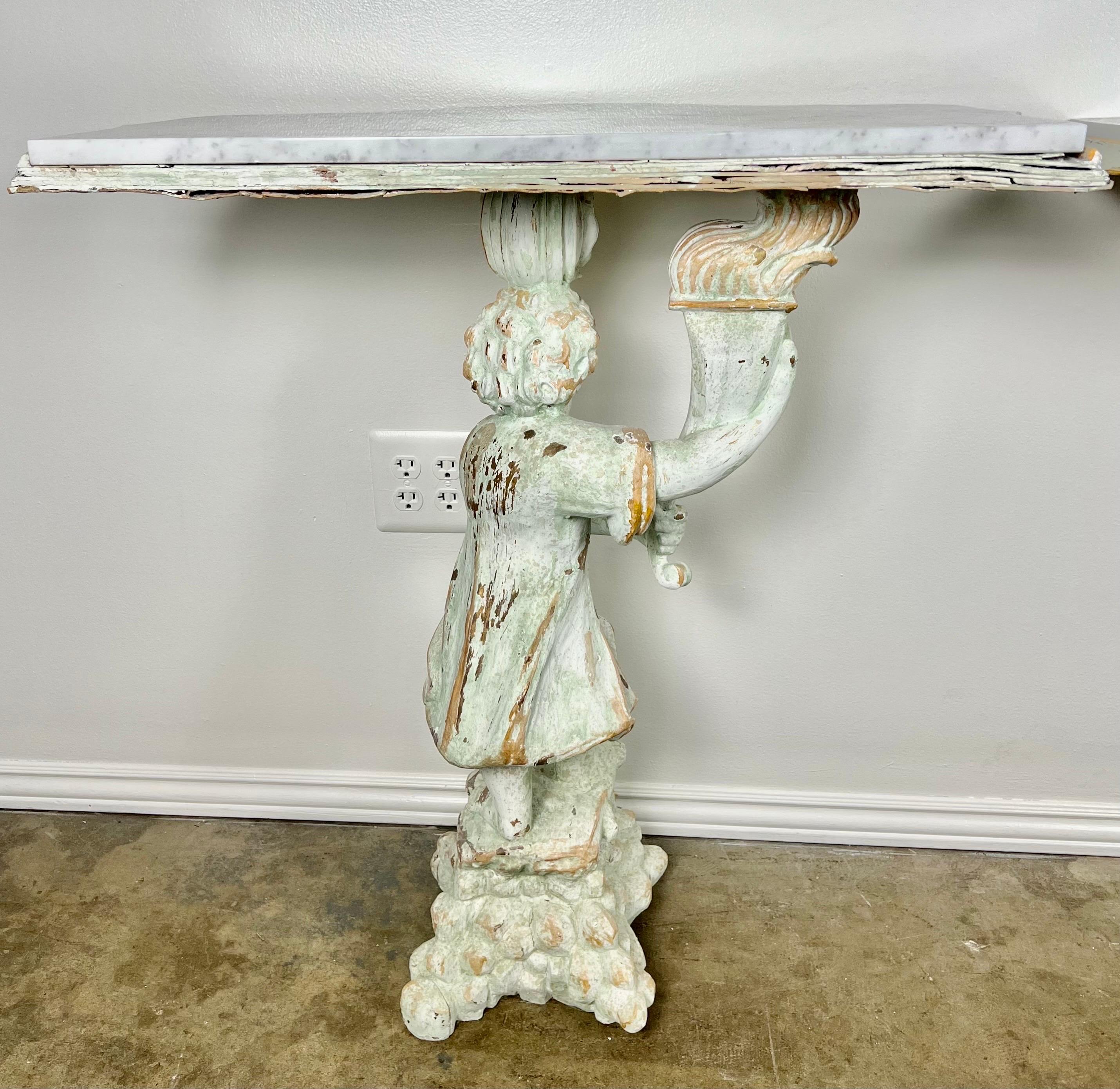 Pair of Cherub Consoles with Marble Tops, circa 1930s For Sale 8