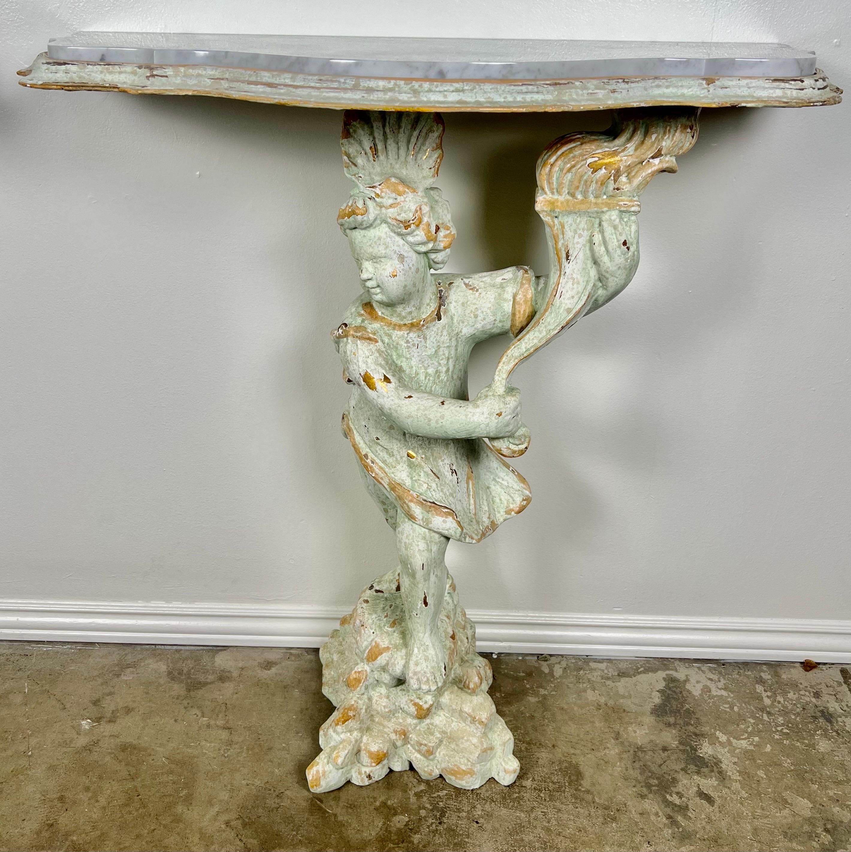 Neoclassical Pair of Cherub Consoles with Marble Tops, circa 1930s For Sale