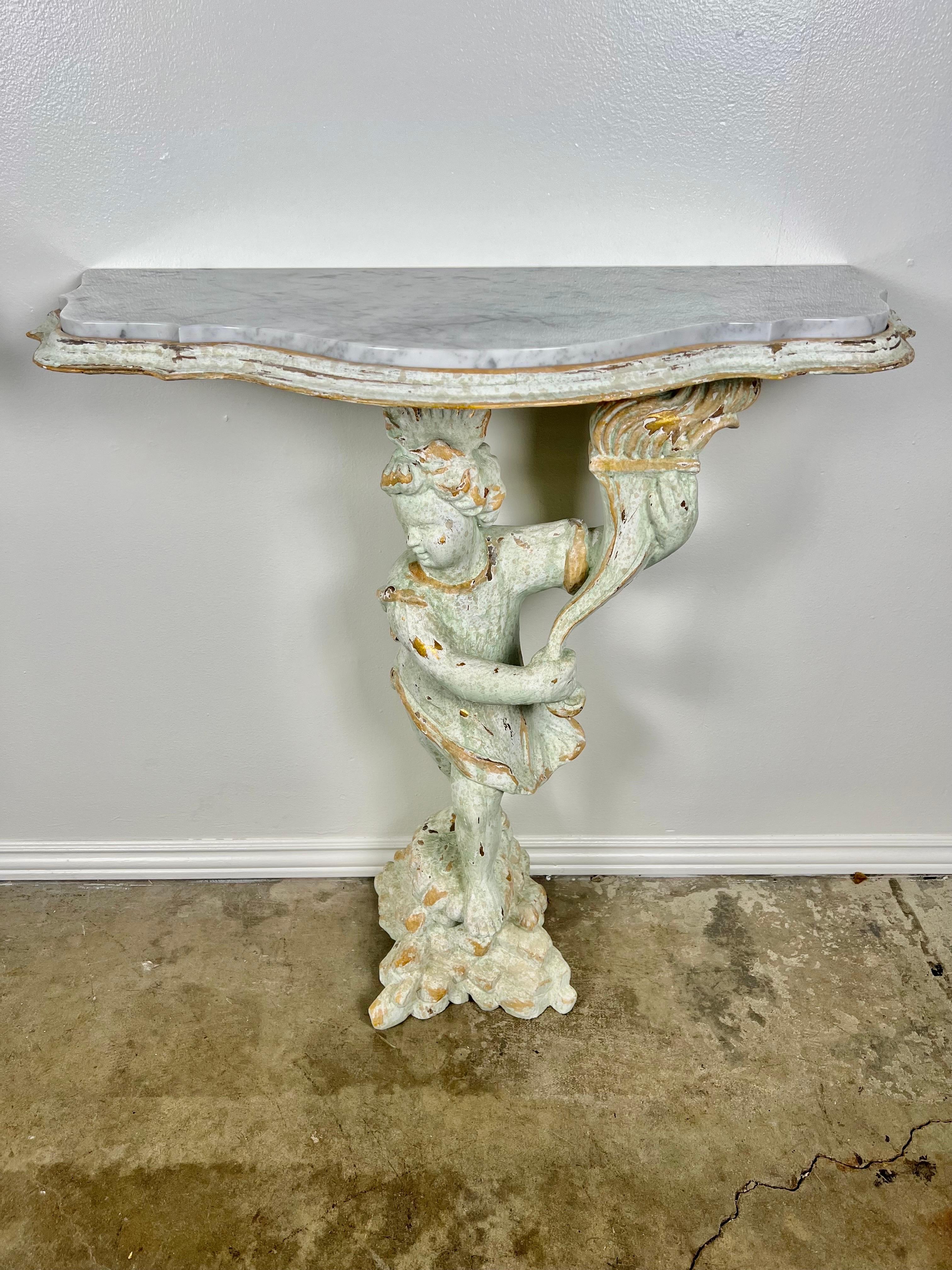 Italian Pair of Cherub Consoles with Marble Tops, circa 1930s For Sale