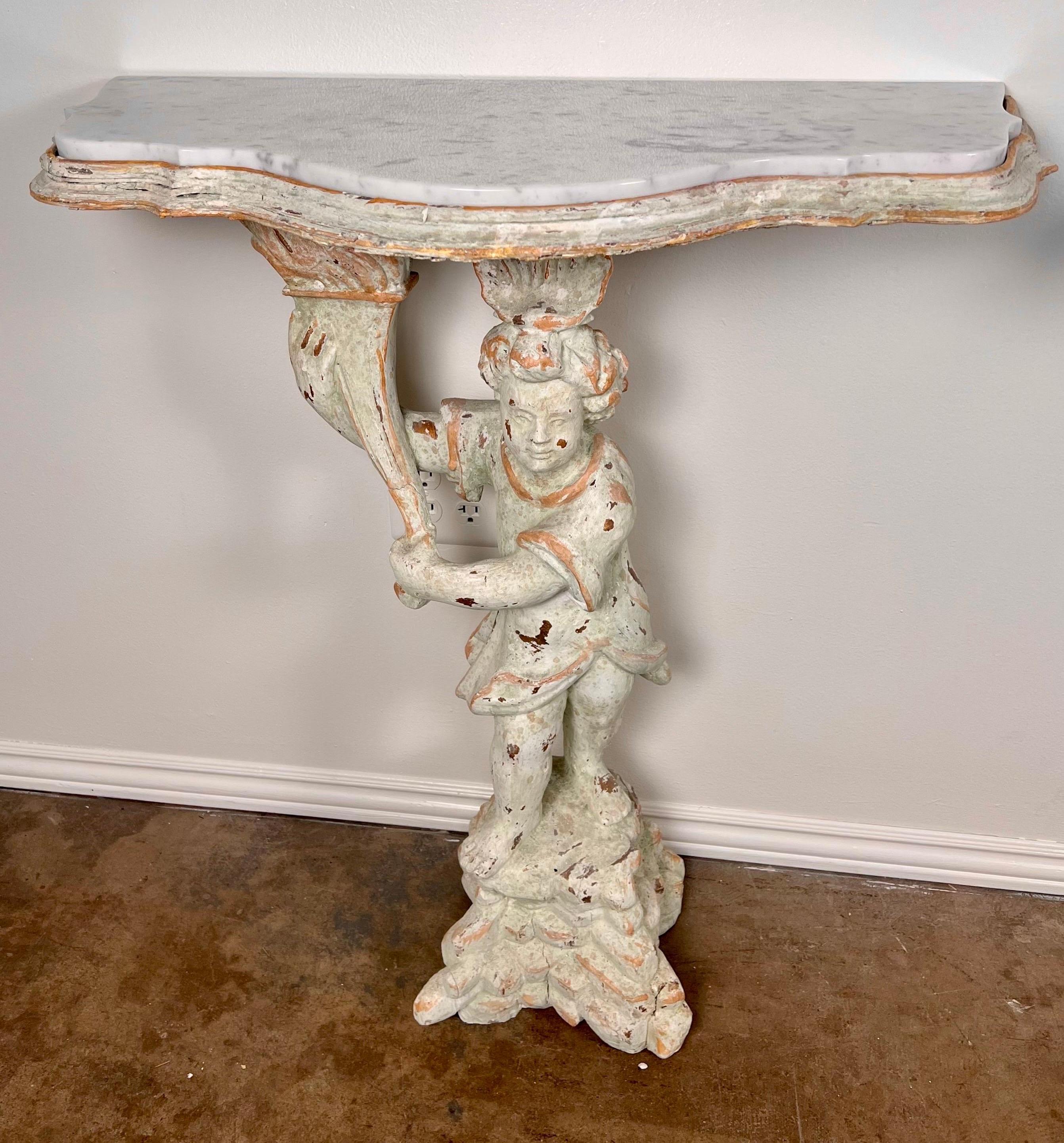 Hand-Painted Pair of Cherub Consoles with Marble Tops, circa 1930s For Sale
