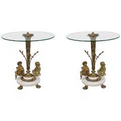 Pair of Cherub Ormolu and Marble Glass Topped Occasional Tables