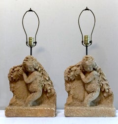 Pair of Cherub Putti Lamps Resin Cast in Beige Stone Effect