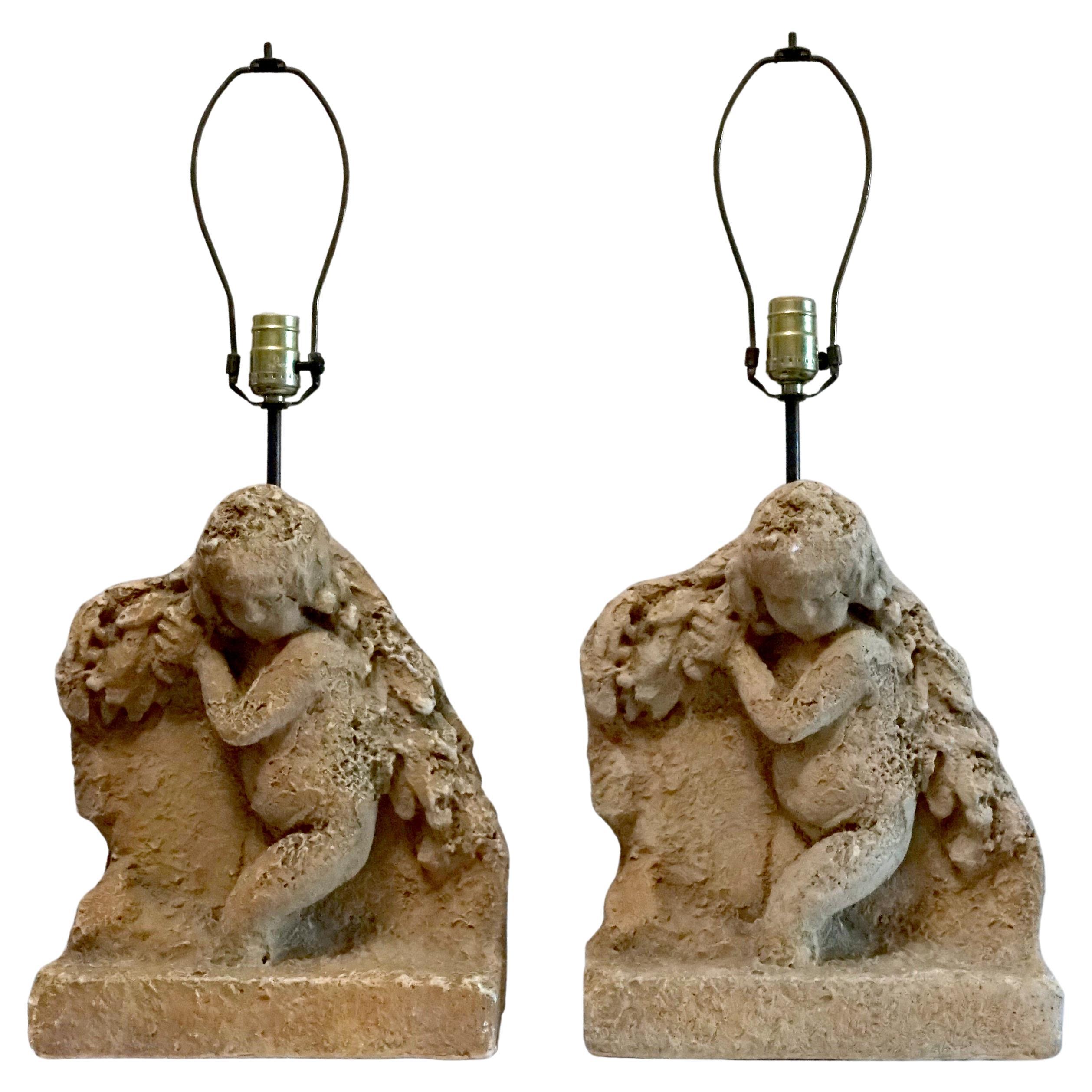 Pair of Cherub Putti Lamps Resin Cast in Beige Stone Effect For Sale