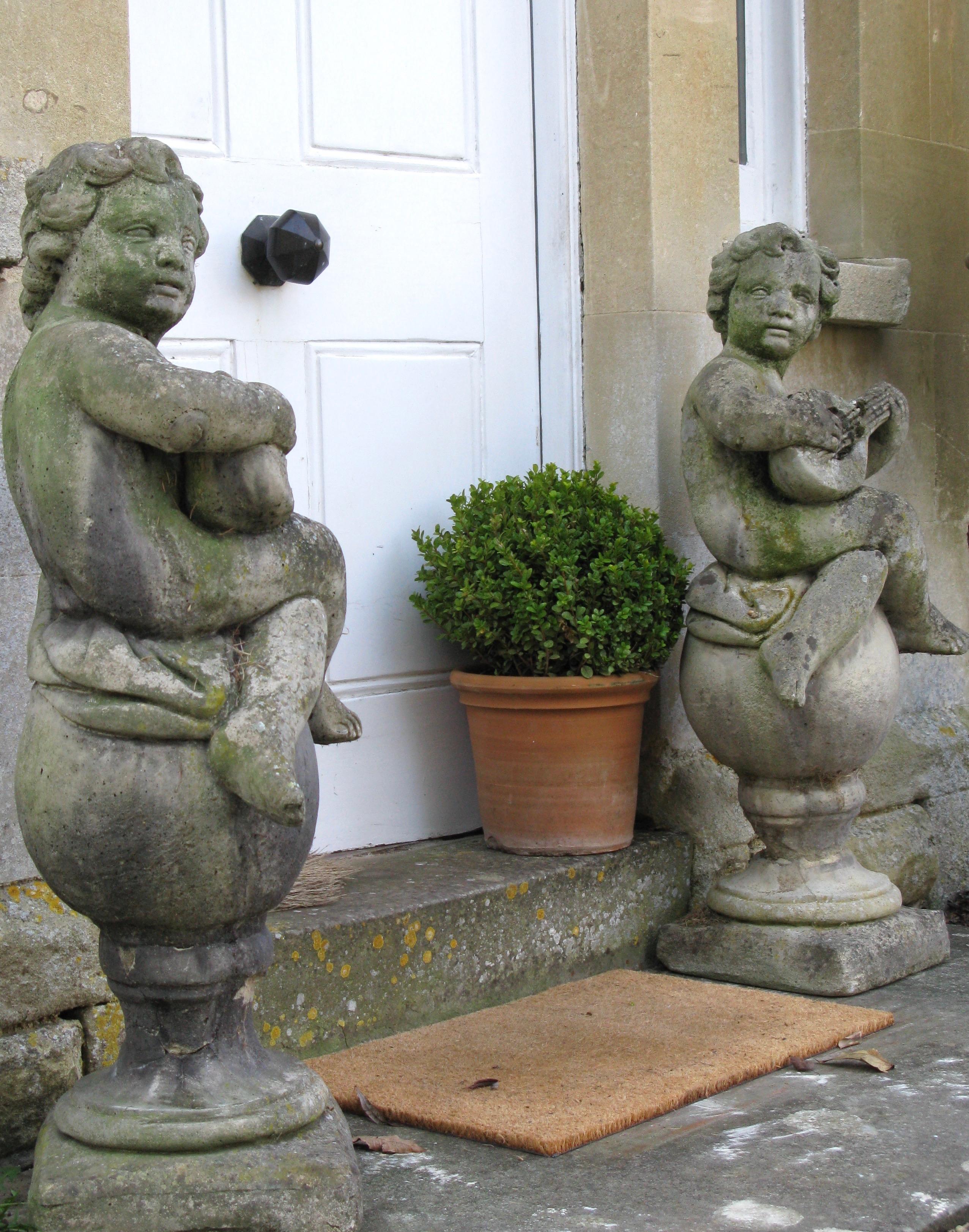 French Provincial Pair of Cherubs, Garden Ornaments, Pair of Garden Ornaments