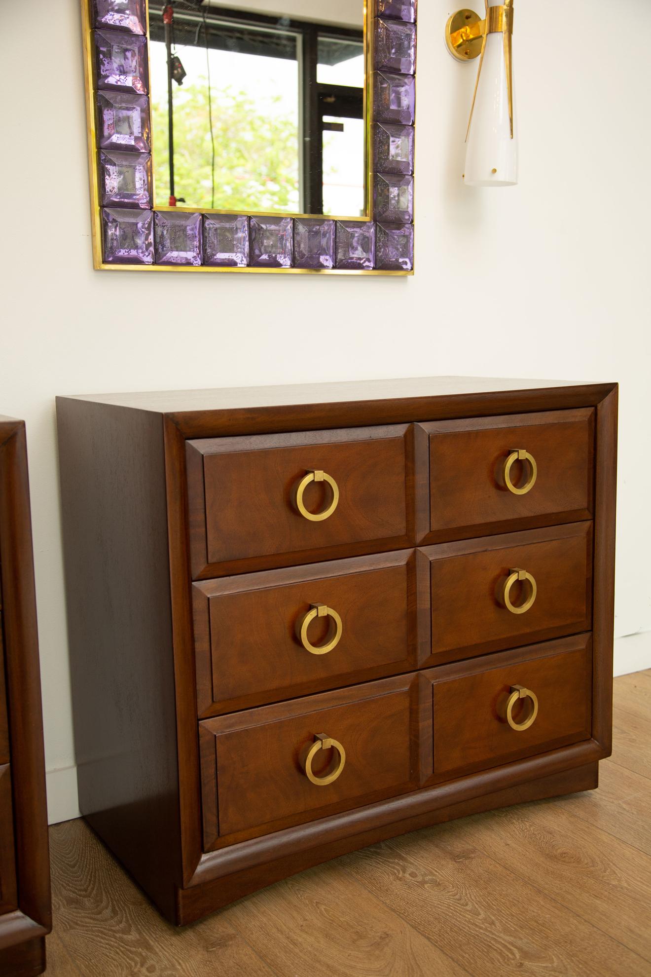 Pair of chest of drawers by T.H Robsjohn Gibbings, USA 1950
Three drawer bedside tables with heavy brass pulls
Walnut ebonized
Label in drawers
Supported by casters for easy moving
Newly restored.
Available to view in situ in our Miami gallery