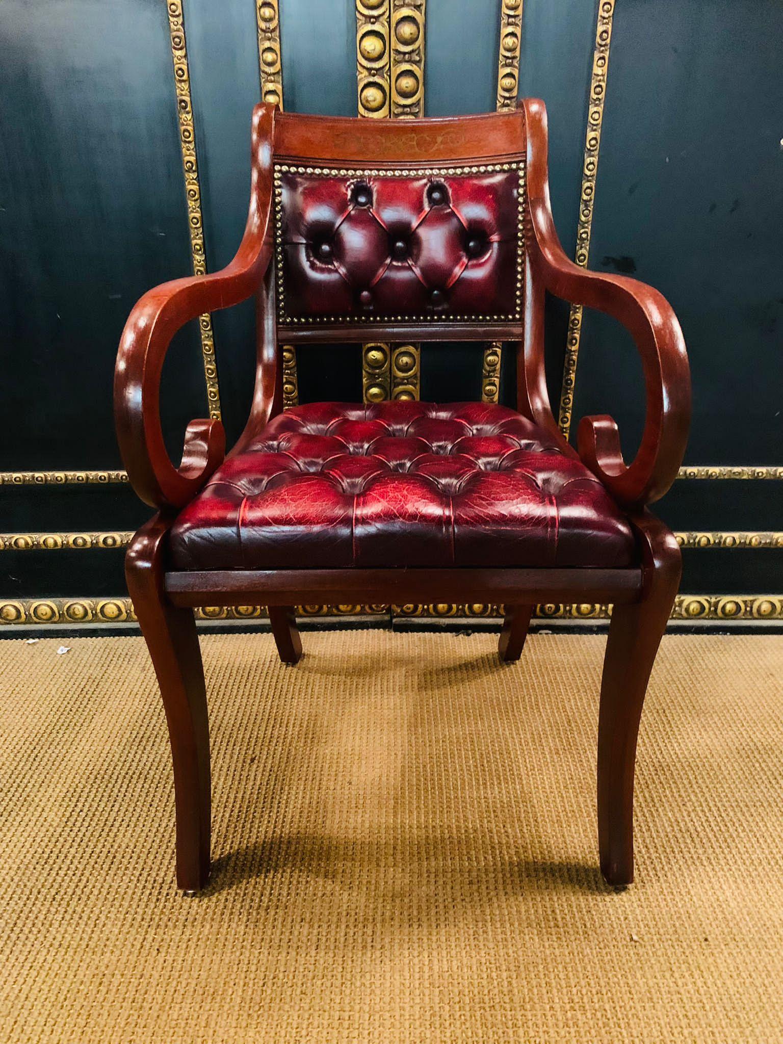 Pair of Chesterfield Carved Hardwood & Oxblood Leather Armchairs 2 For Sale 5