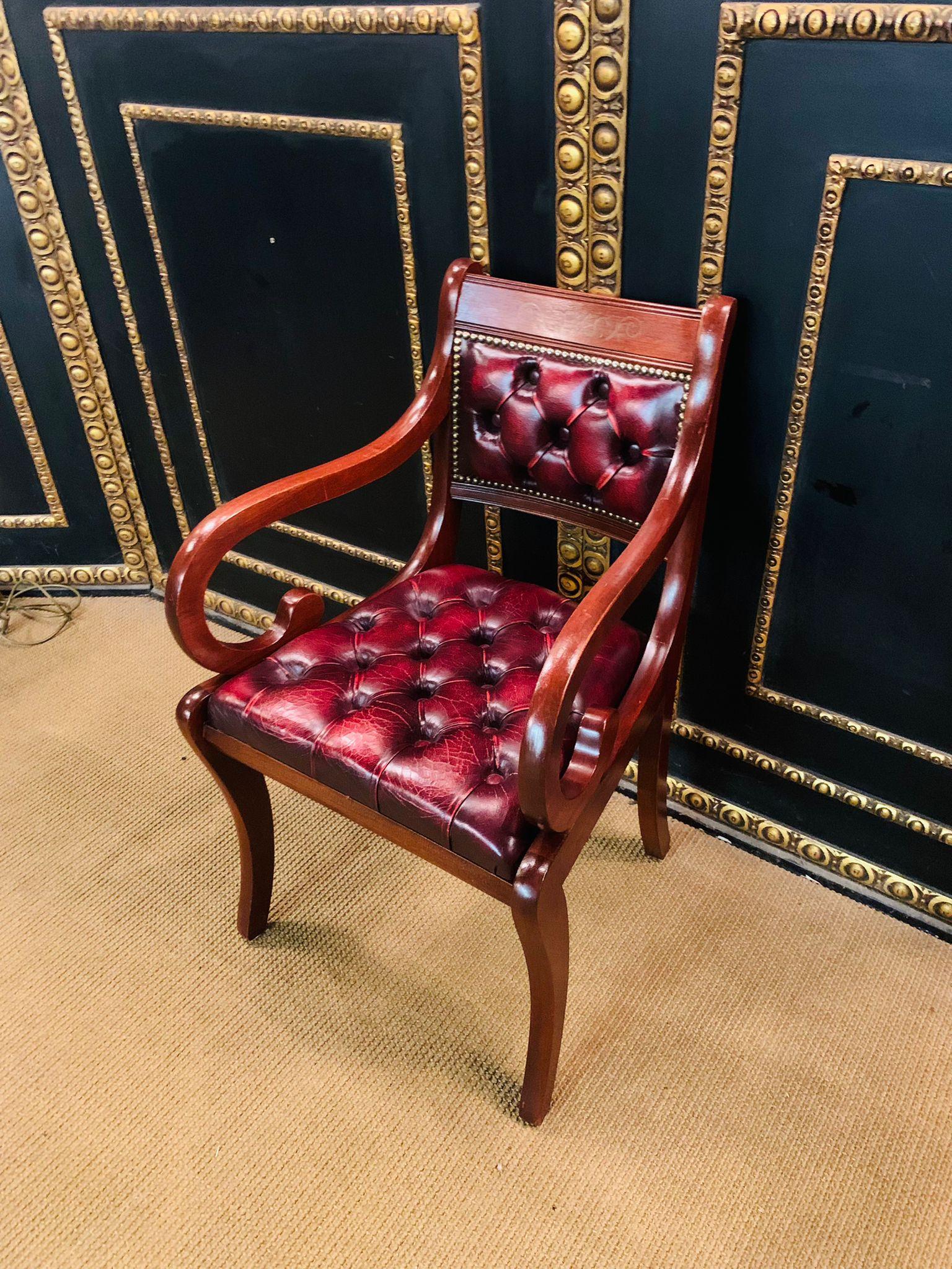 Pair of Chesterfield Carved Hardwood & Oxblood Leather Armchairs 2 For Sale 8