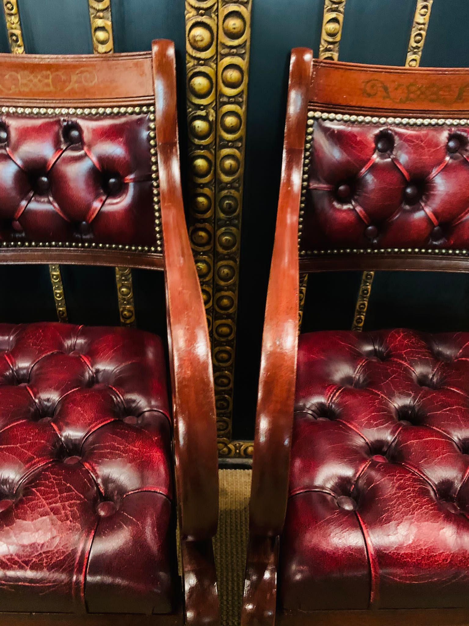 Pair of Chesterfield Carved Hardwood & Oxblood Leather Armchairs 2 For Sale 11