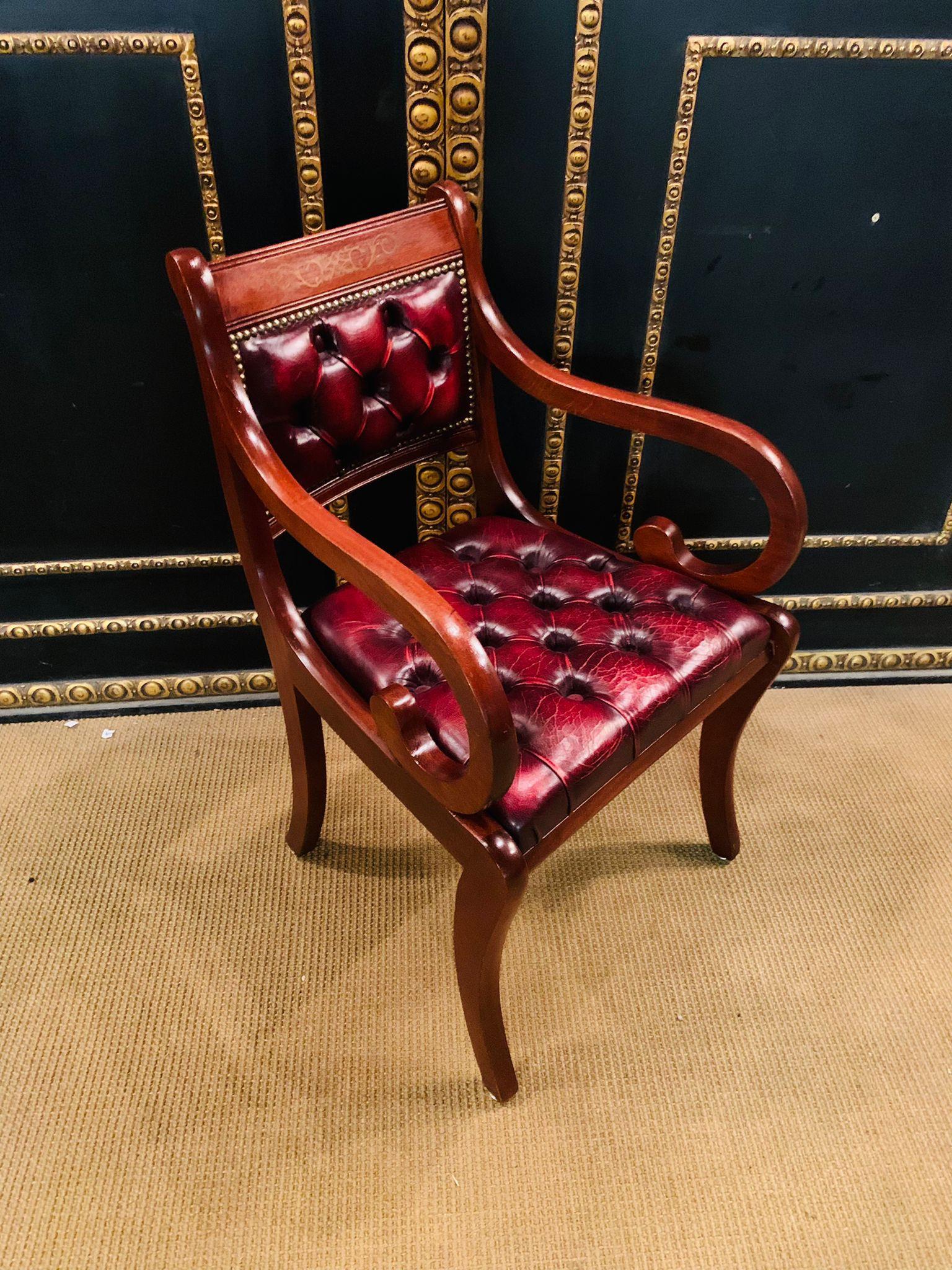 Pair of Chesterfield Carved Hardwood & Oxblood Leather Armchairs 2 For Sale 12