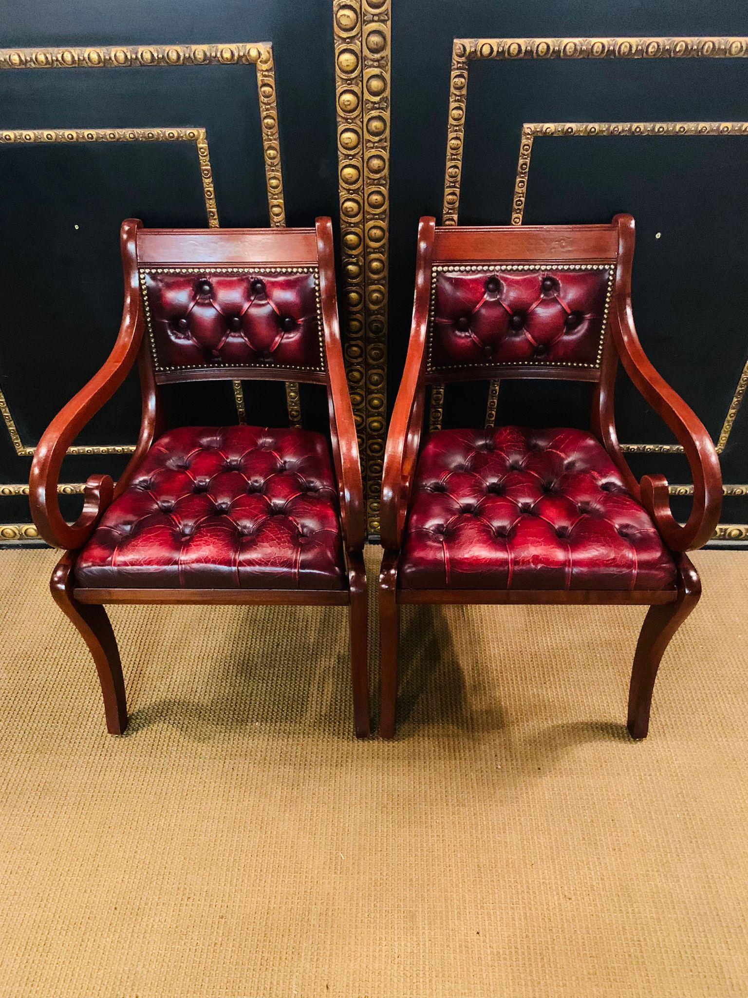 English Pair of Chesterfield Carved Hardwood & Oxblood Leather Armchairs 2 For Sale