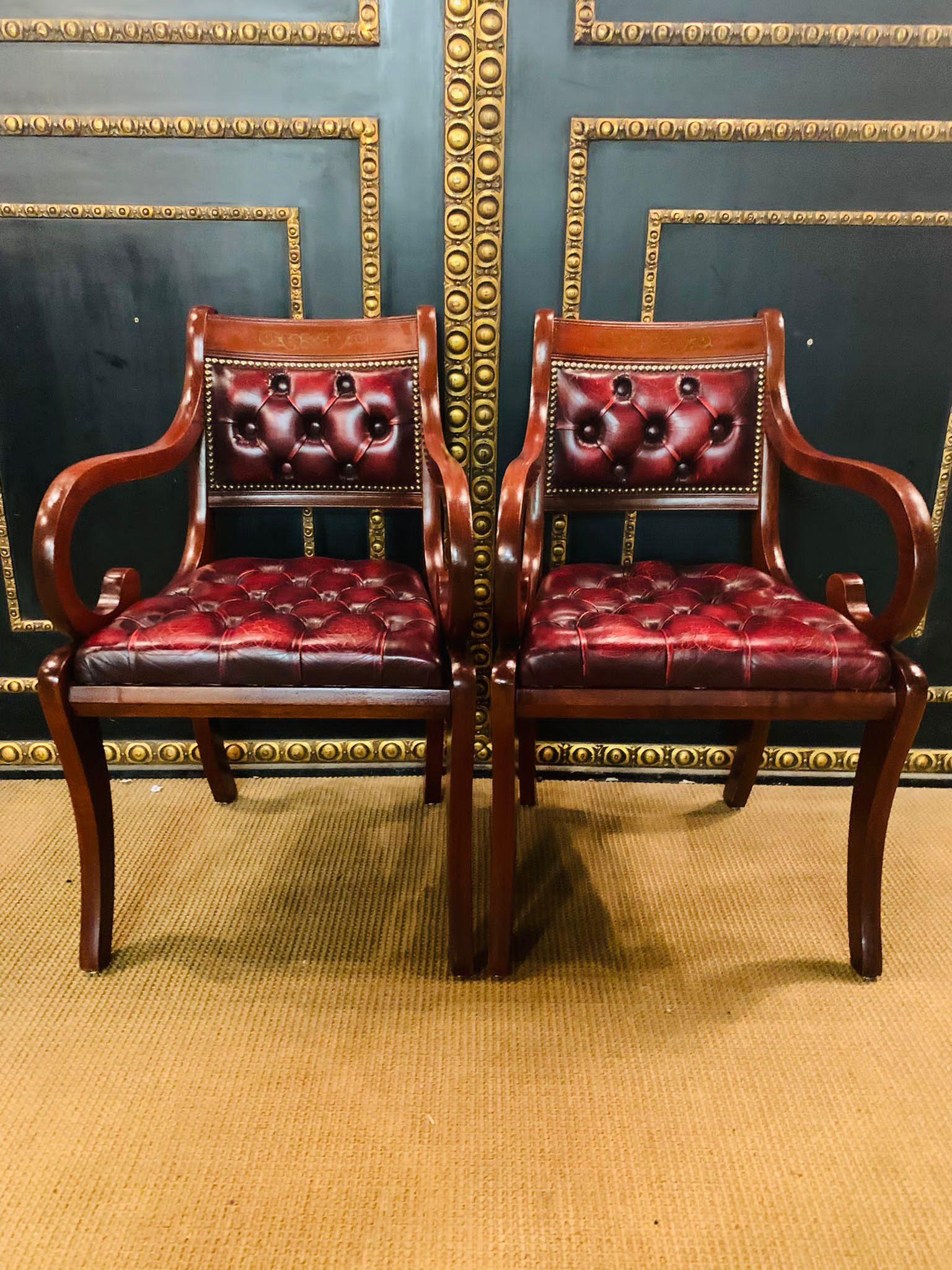 Pair of Chesterfield Carved Hardwood & Oxblood Leather Armchairs 2 In Good Condition For Sale In Berlin, DE