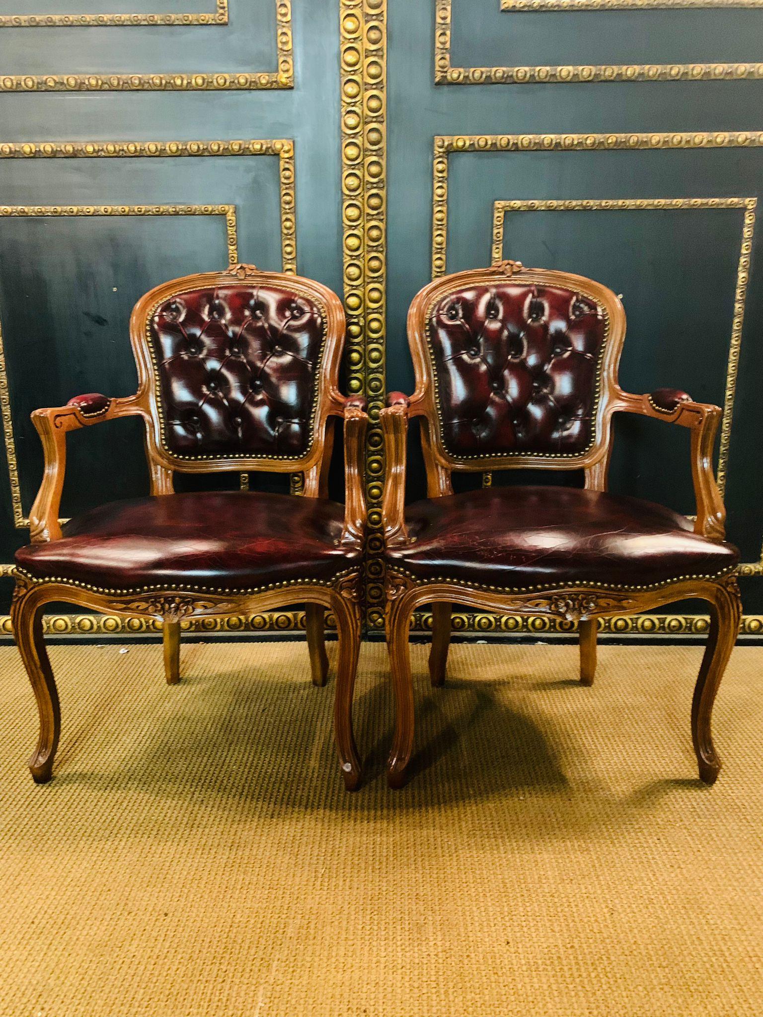 20th Century Pair of Chesterfield Carved Hardwood & Oxblood Leather Armchairs 2
