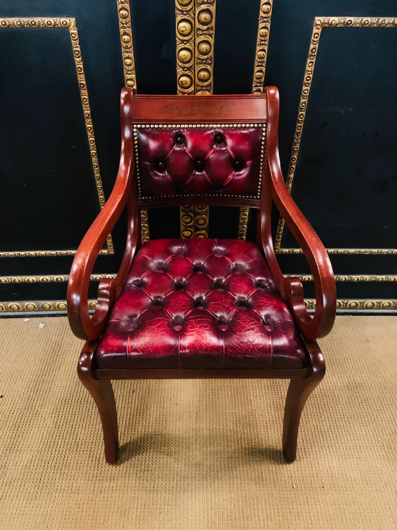 20th Century Pair of Chesterfield Carved Hardwood & Oxblood Leather Armchairs 2 For Sale