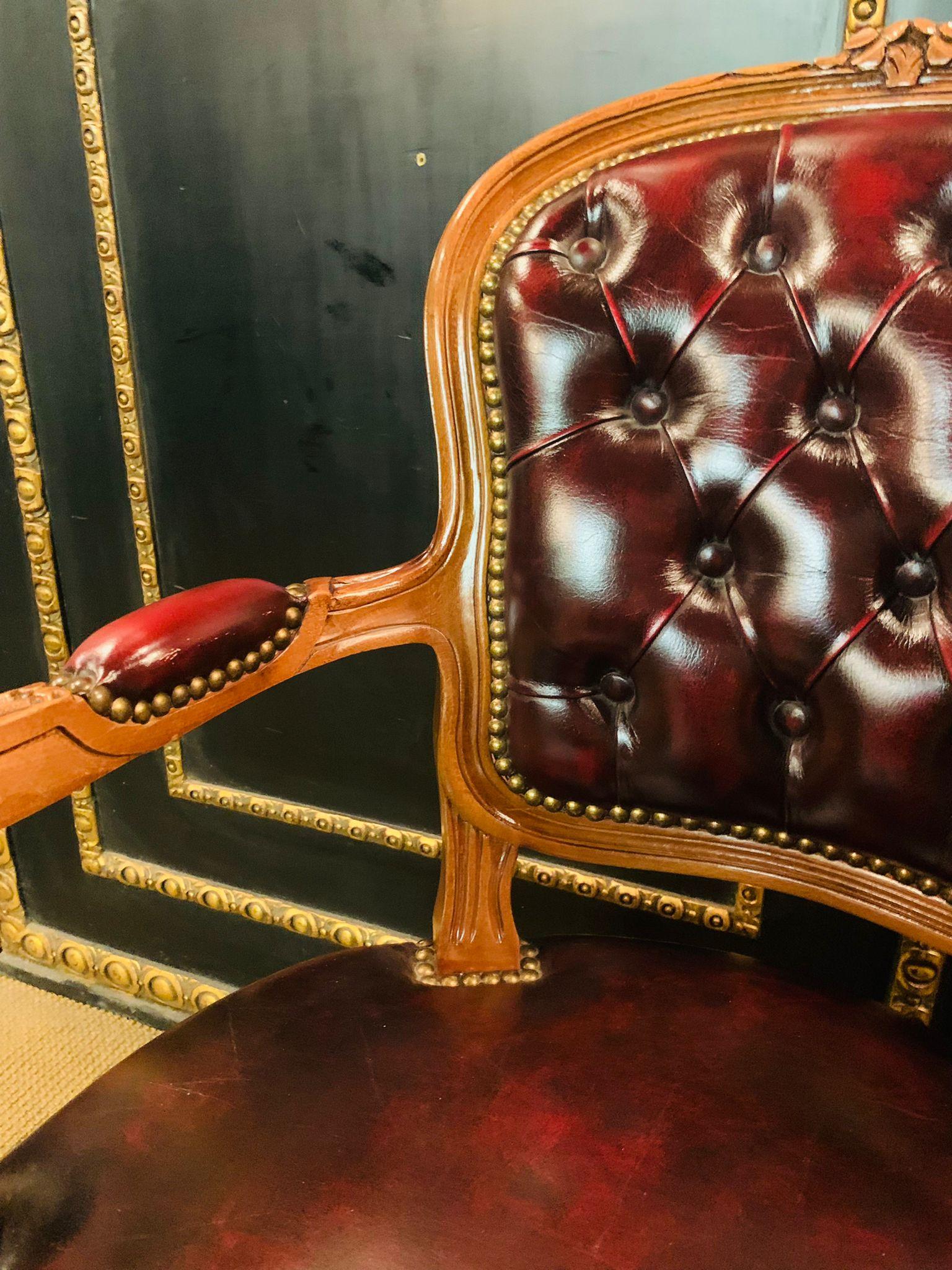 Pair of Chesterfield Carved Hardwood & Oxblood Leather Armchairs 2 2