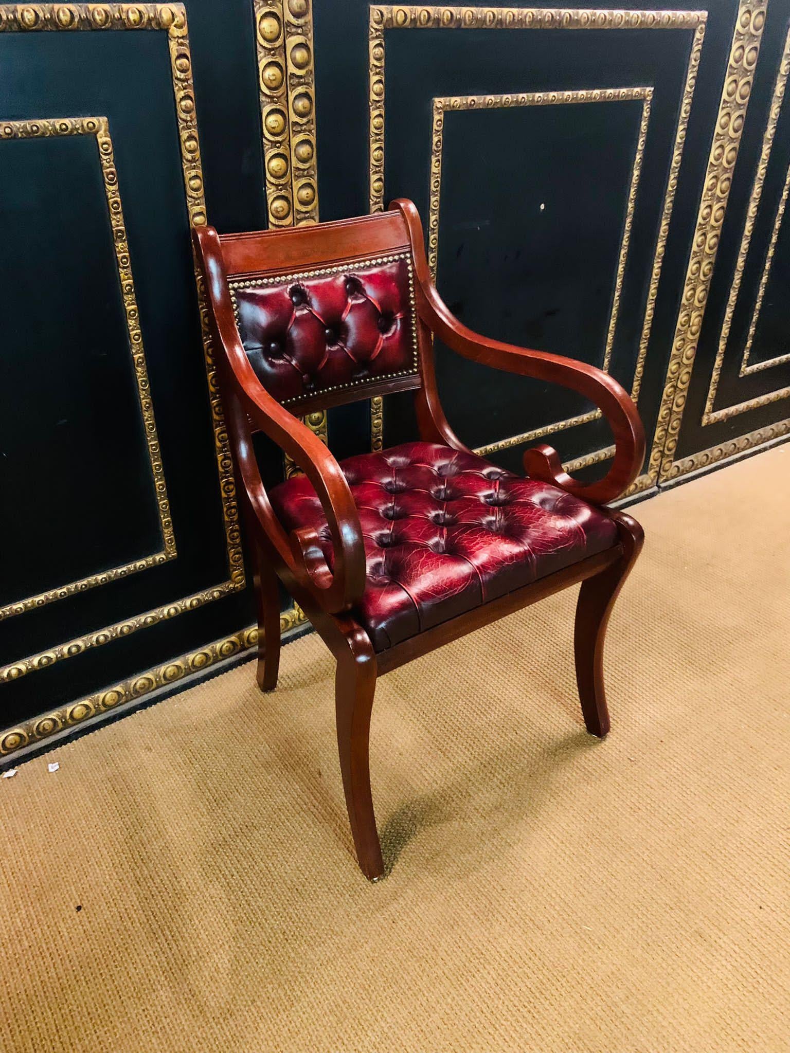 Pair of Chesterfield Carved Hardwood & Oxblood Leather Armchairs 2 For Sale 2