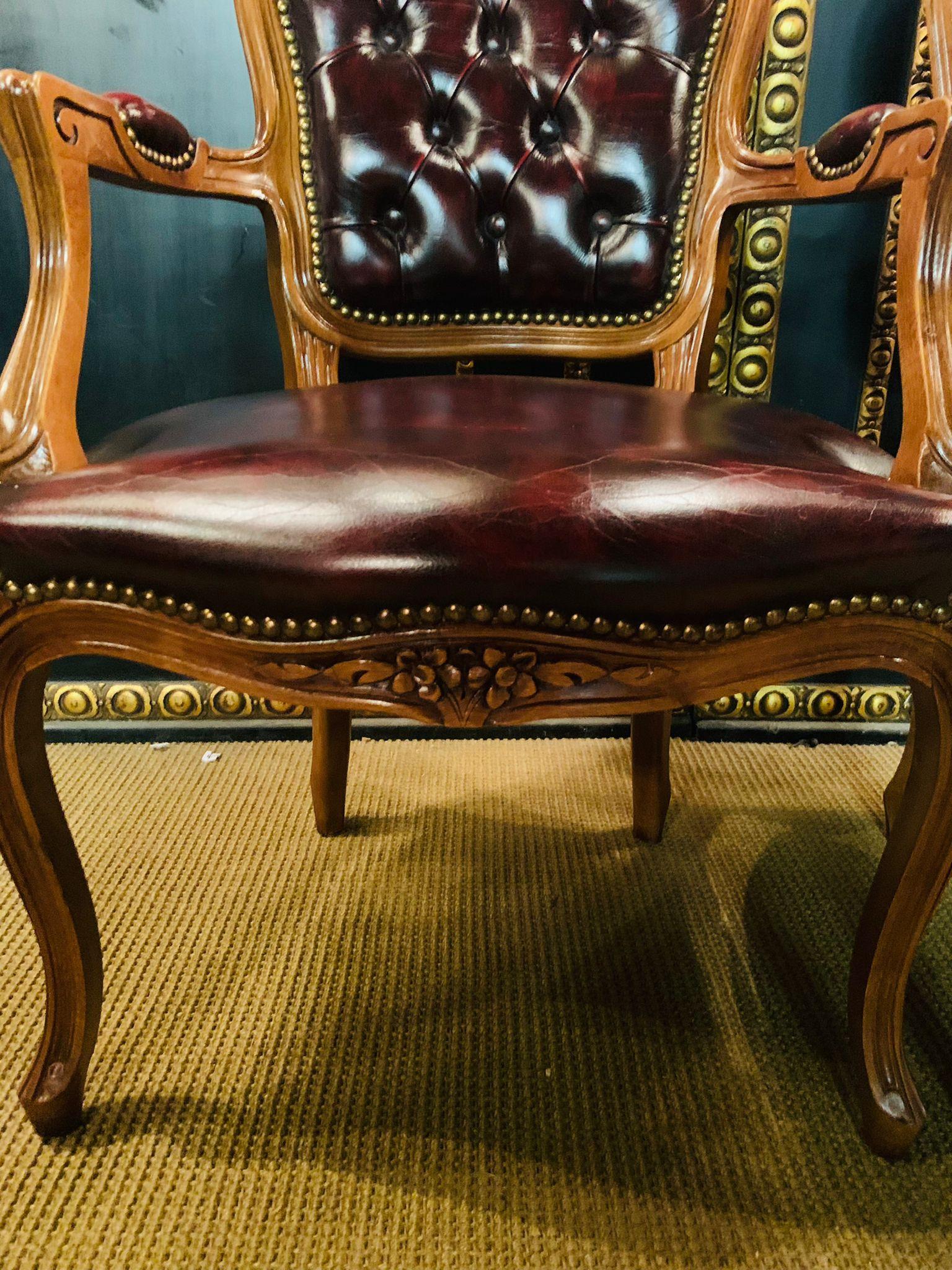 Pair of Chesterfield Carved Hardwood & Oxblood Leather Armchairs 2 3