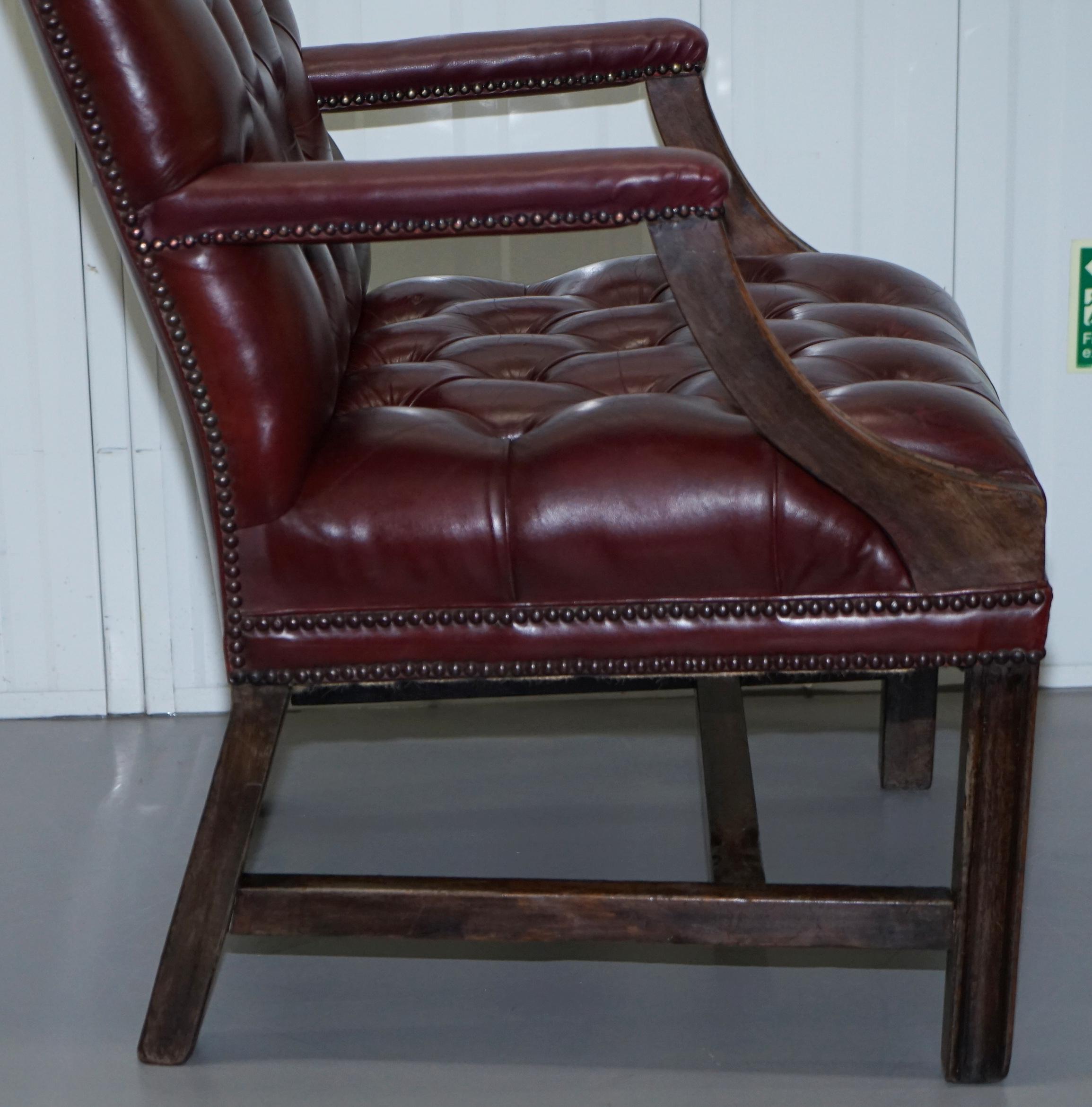 Pair of Chesterfield Carved Hardwood & Oxblood Leather Gainsborough Armchairs 2 4
