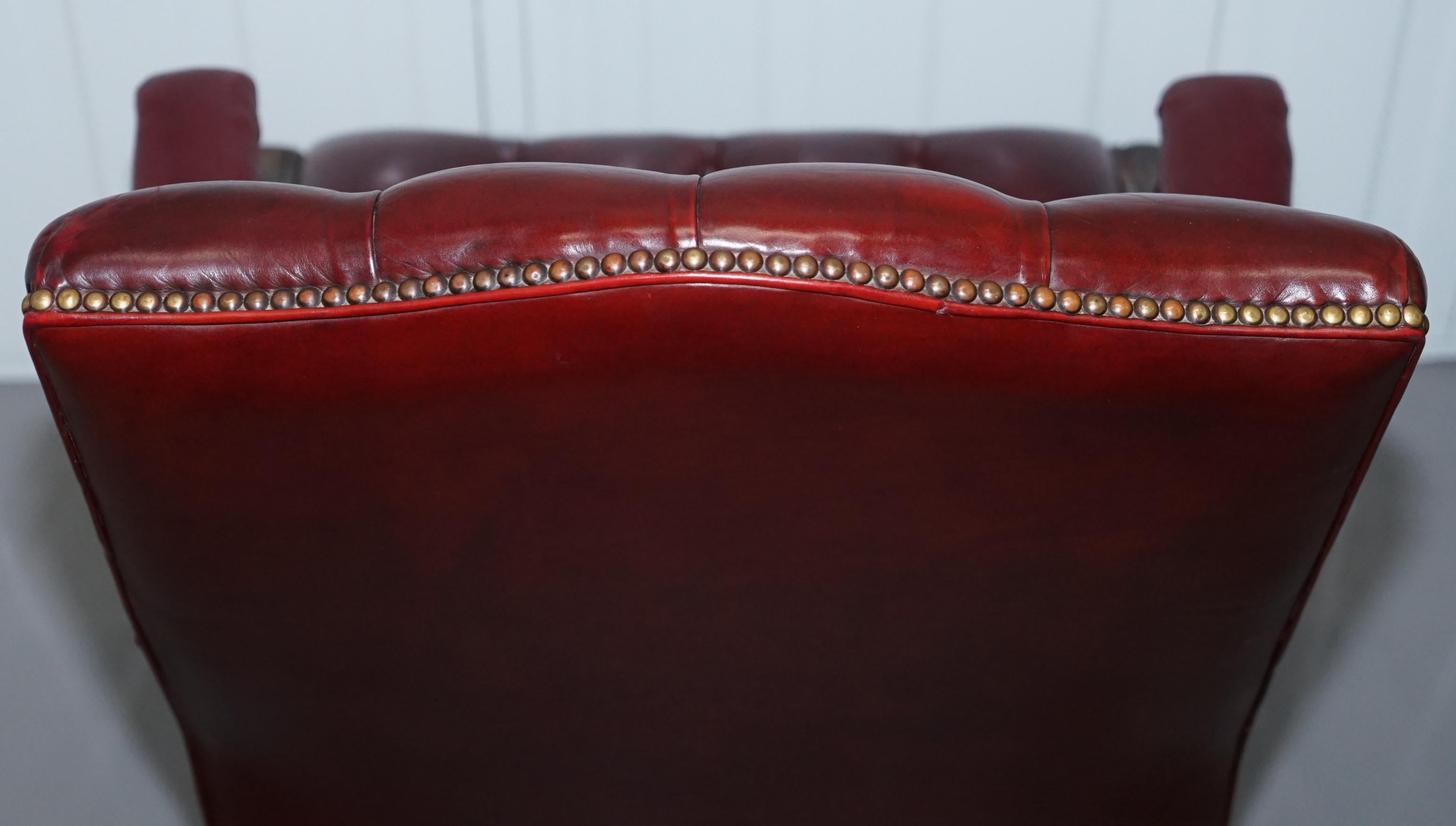 Pair of Chesterfield Carved Hardwood & Oxblood Leather Gainsborough Armchairs 2 6