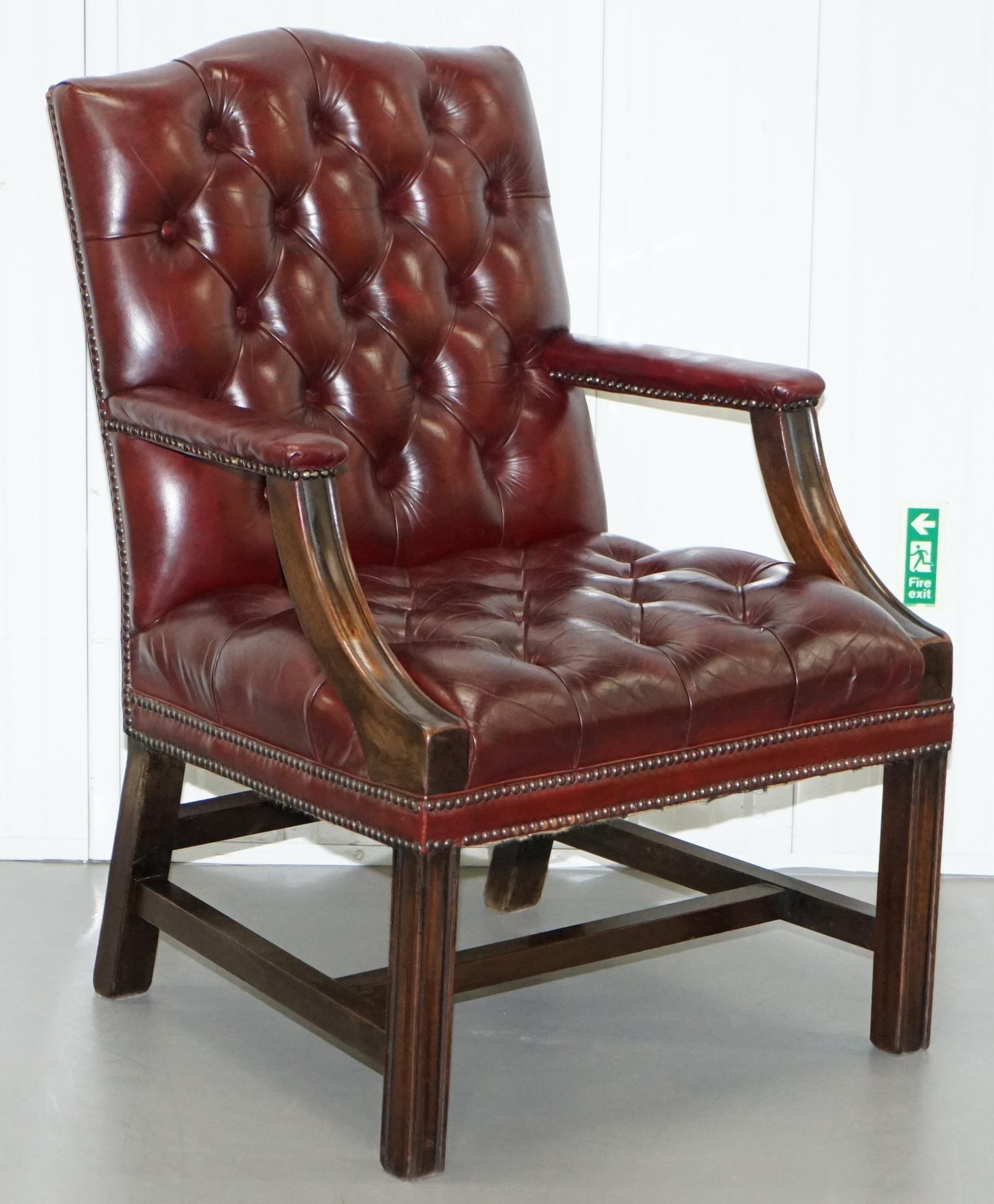 Pair of Chesterfield Carved Hardwood & Oxblood Leather Gainsborough Armchairs 2 7