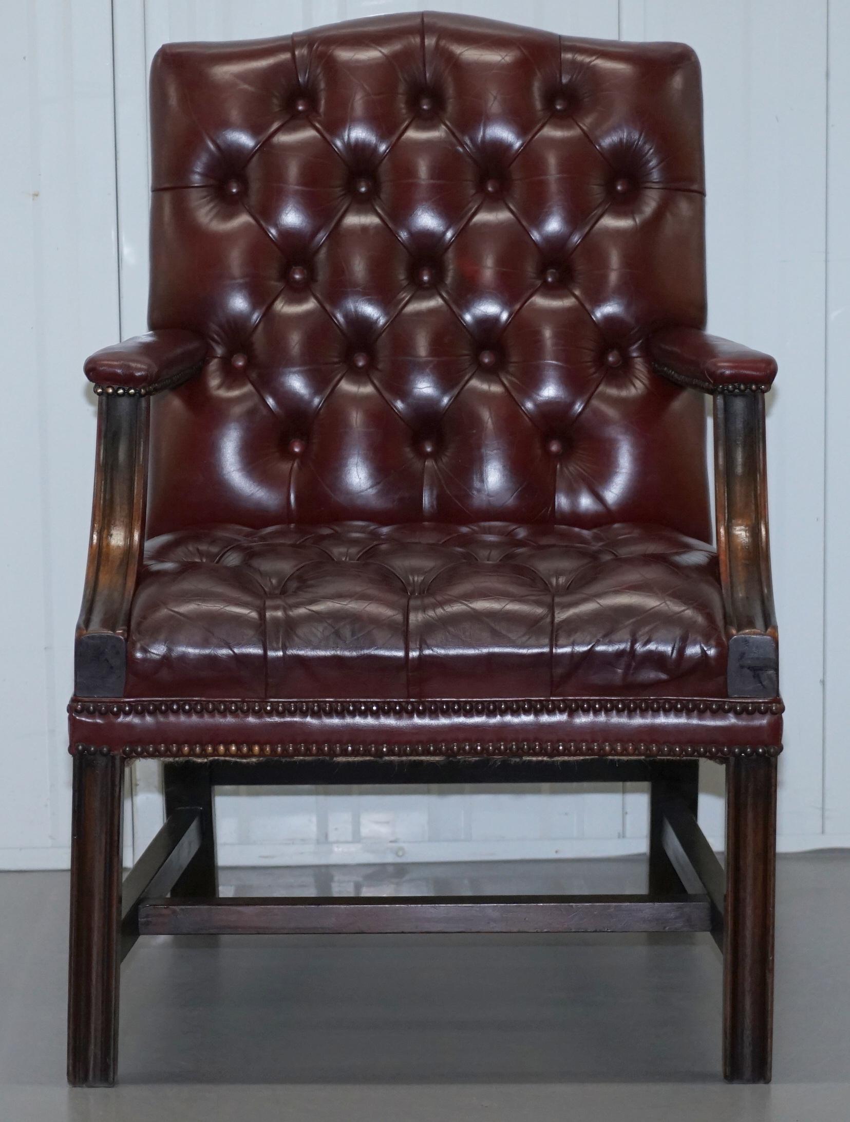 Pair of Chesterfield Carved Hardwood & Oxblood Leather Gainsborough Armchairs 2 9