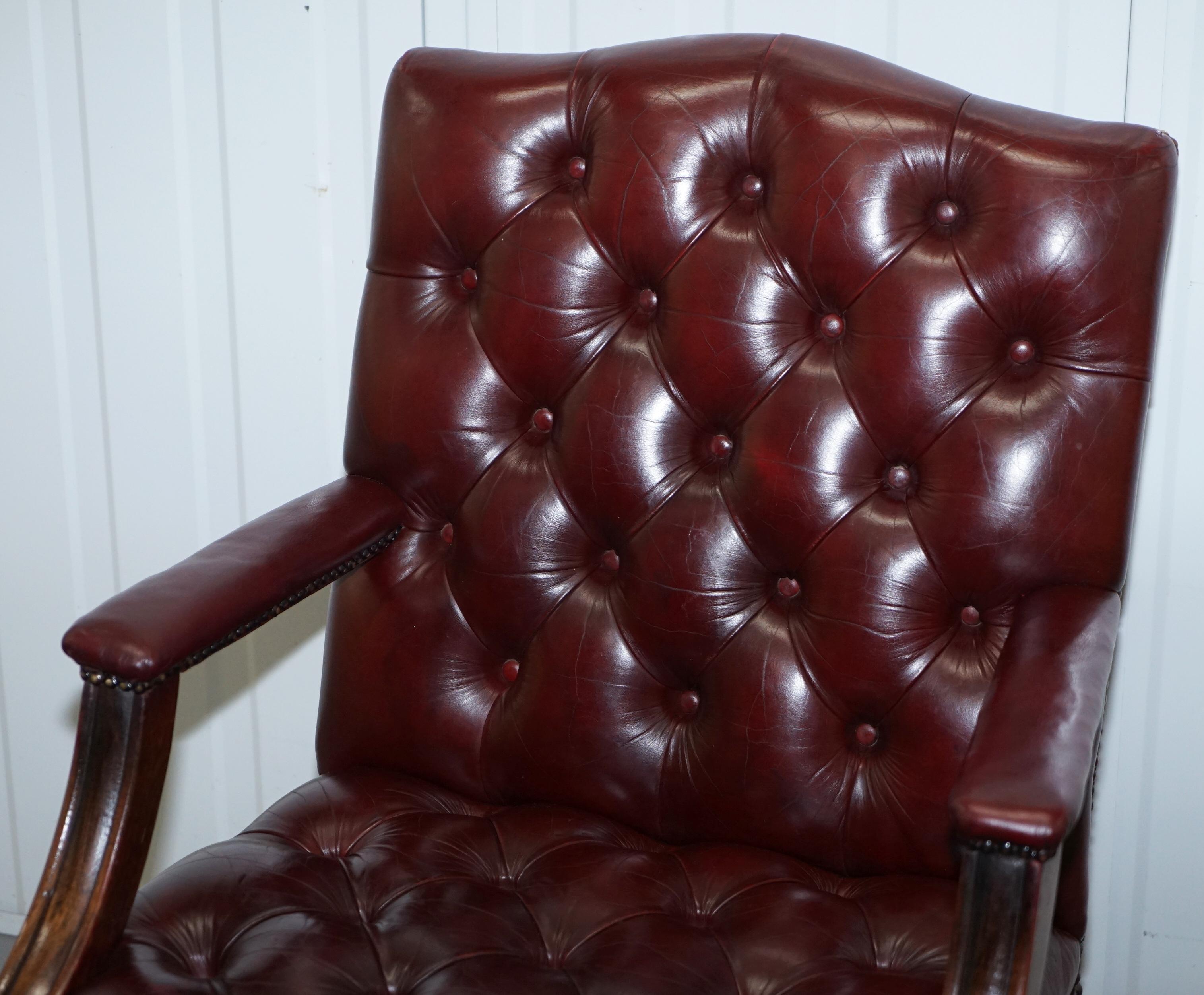 Pair of Chesterfield Carved Hardwood & Oxblood Leather Gainsborough Armchairs 2 10