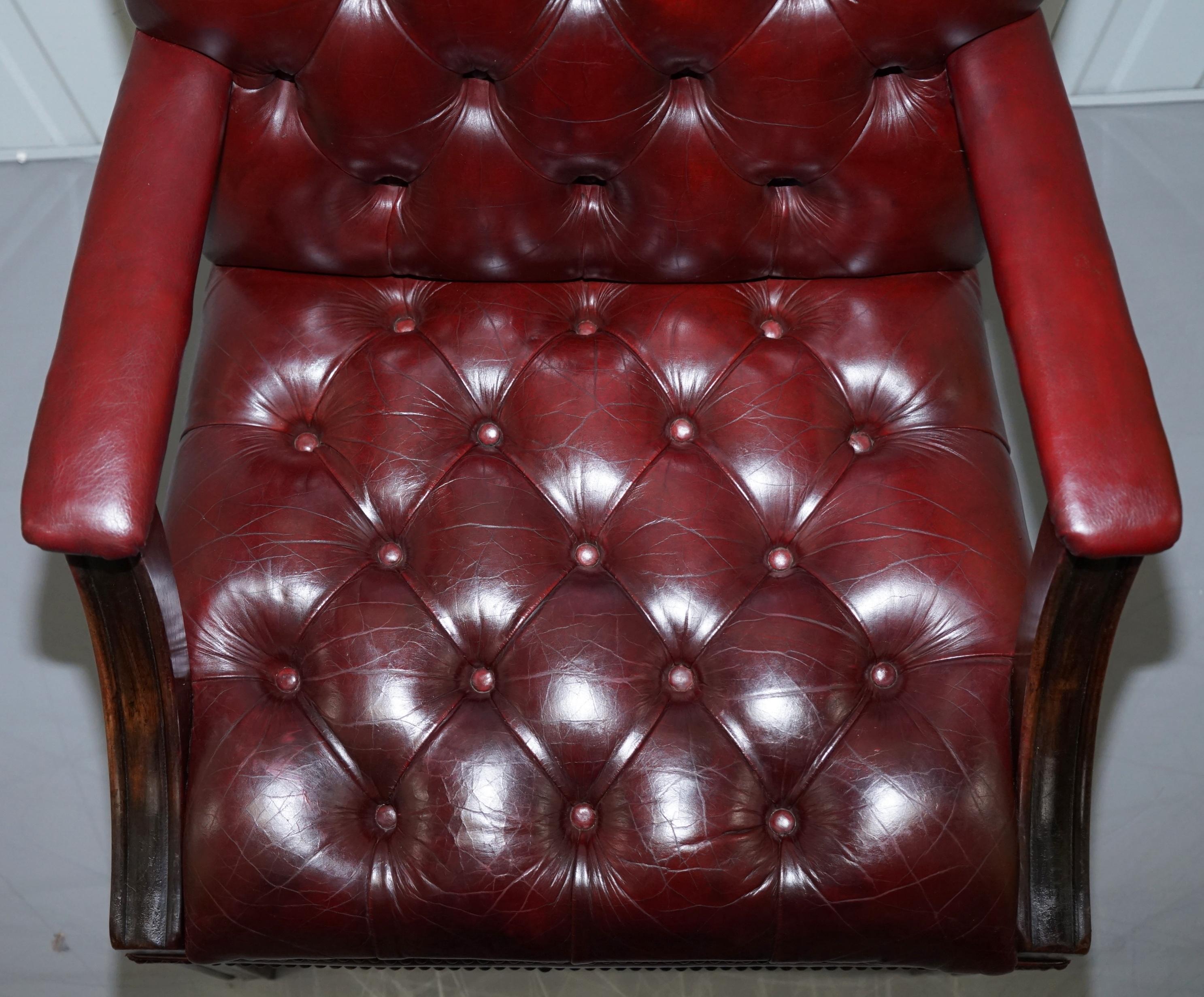 Pair of Chesterfield Carved Hardwood & Oxblood Leather Gainsborough Armchairs 2 11