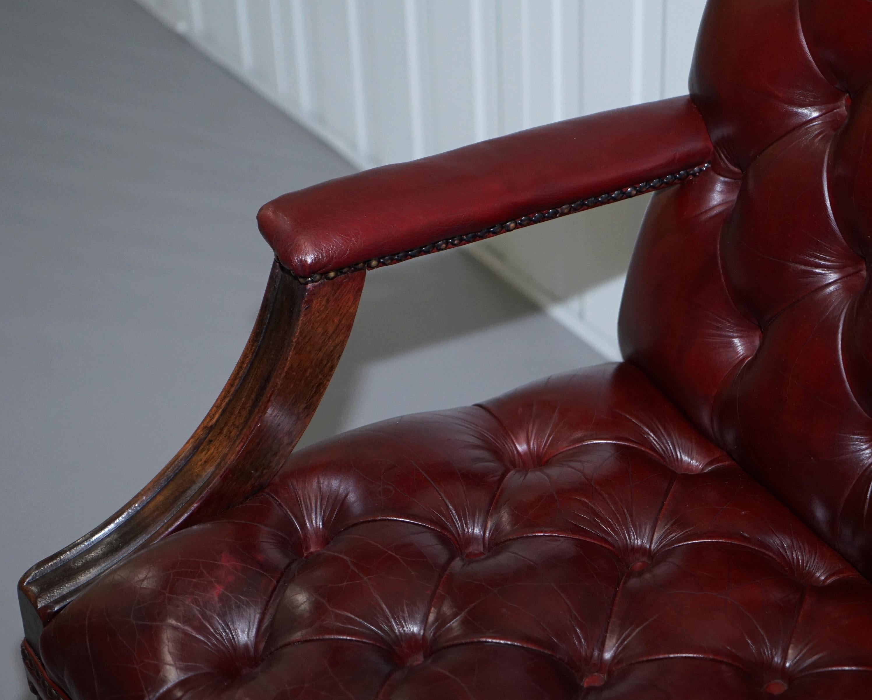 Pair of Chesterfield Carved Hardwood & Oxblood Leather Gainsborough Armchairs 2 12