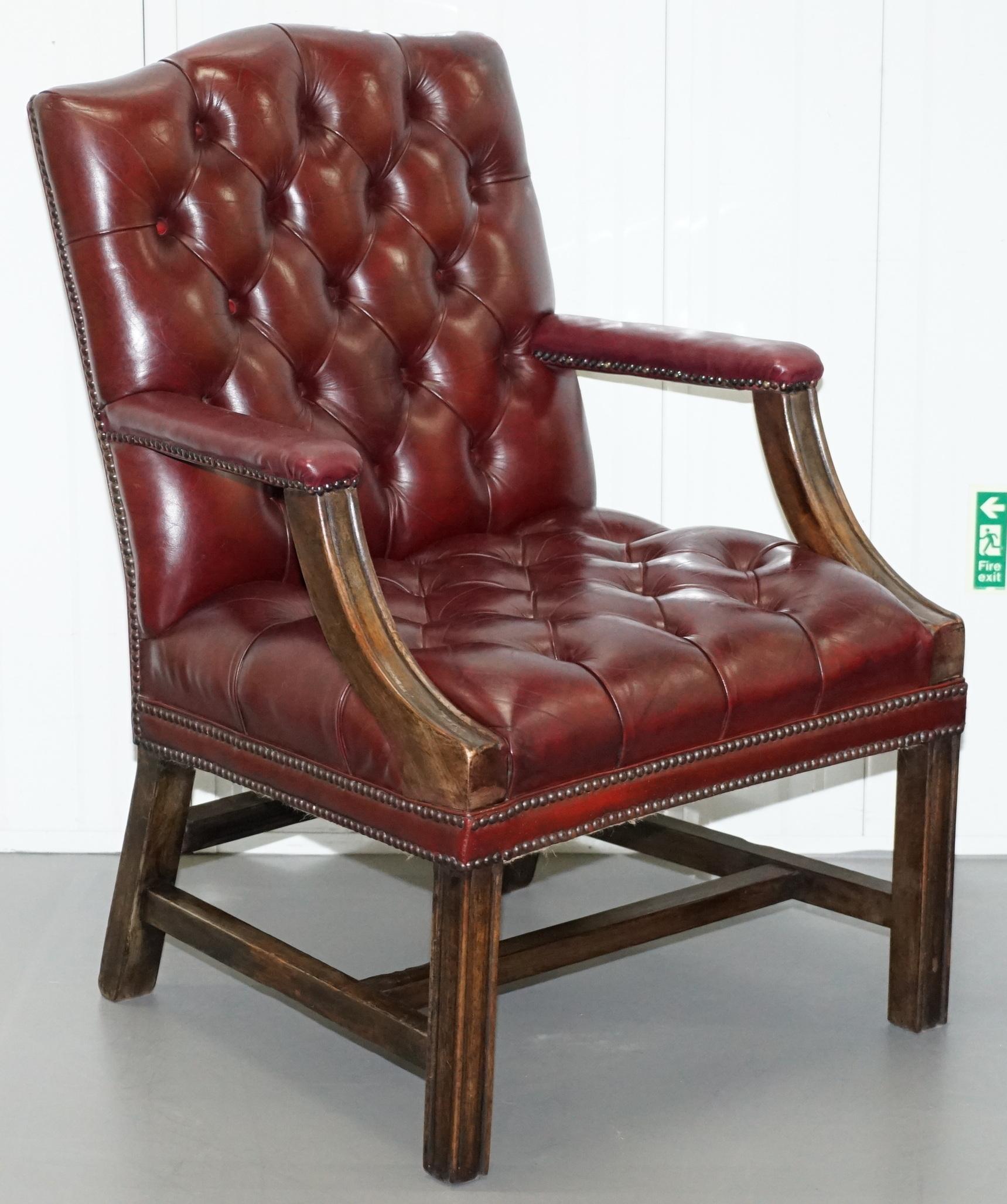 We are delighted to this stunning pair of Chesterfield Gainsborough carver armchairs in oxblood leather with hand carved mahogany H frames made by MillBrook furniture 

Please note the delivery fee listed is just a guide, it covers within the M25