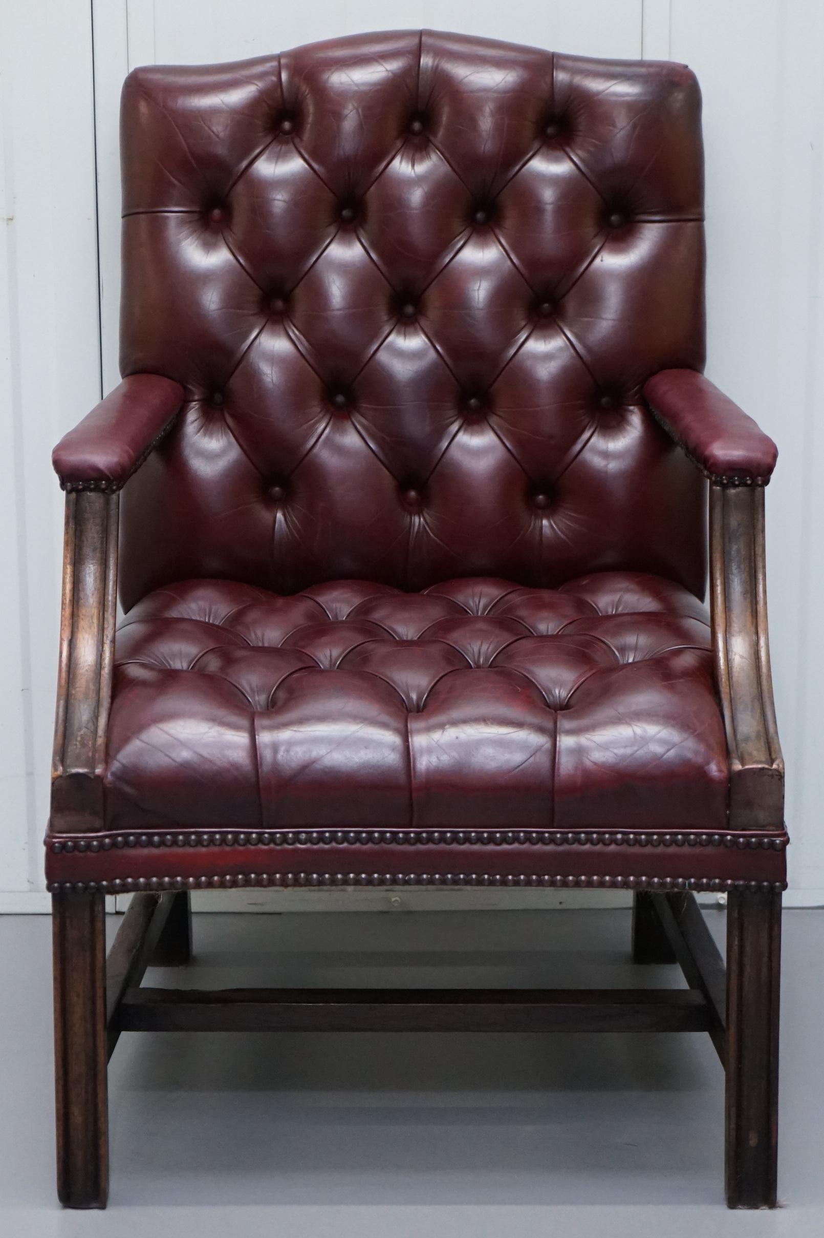 Scottish Pair of Chesterfield Carved Hardwood & Oxblood Leather Gainsborough Armchairs 2