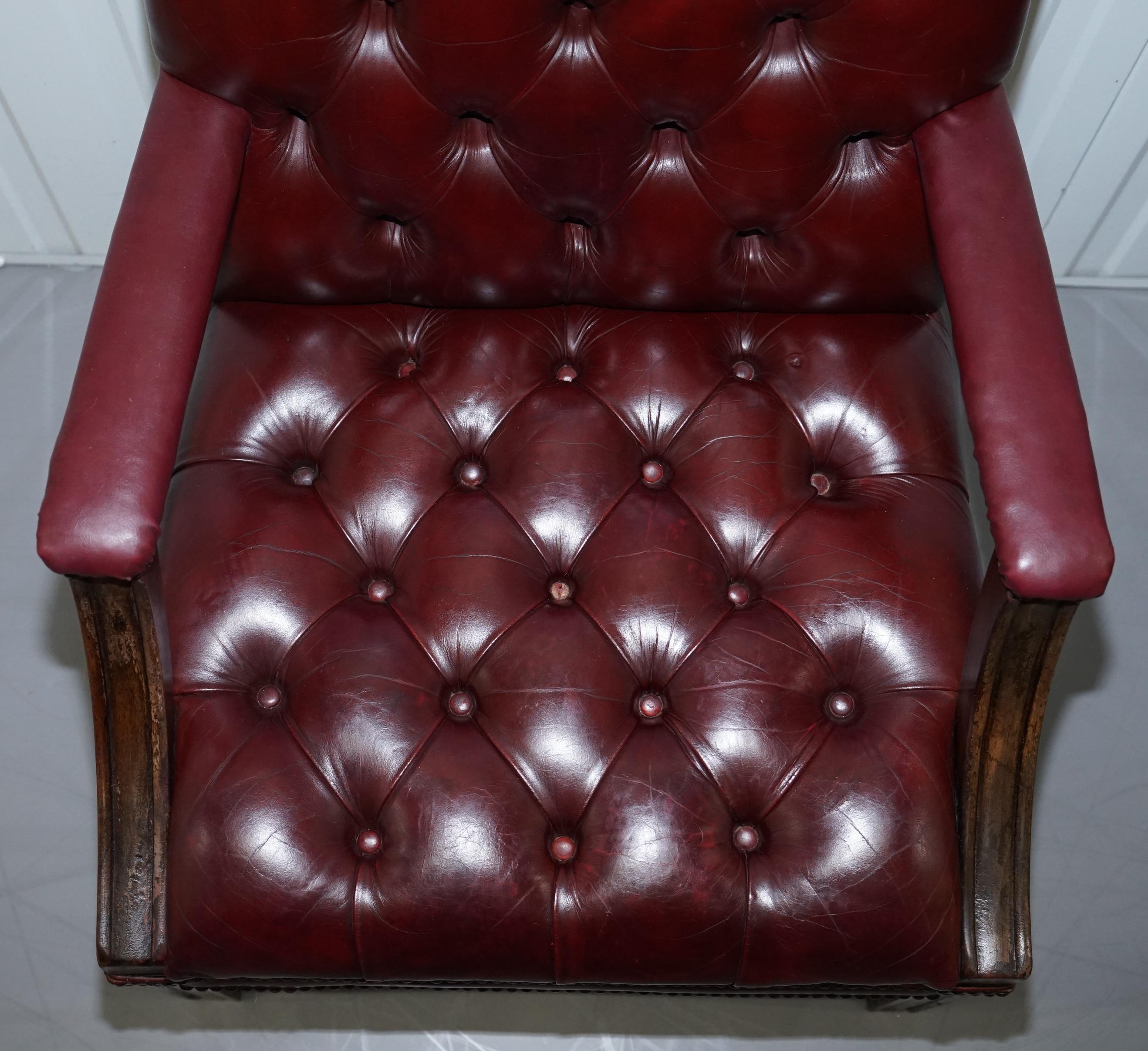 20th Century Pair of Chesterfield Carved Hardwood & Oxblood Leather Gainsborough Armchairs 2