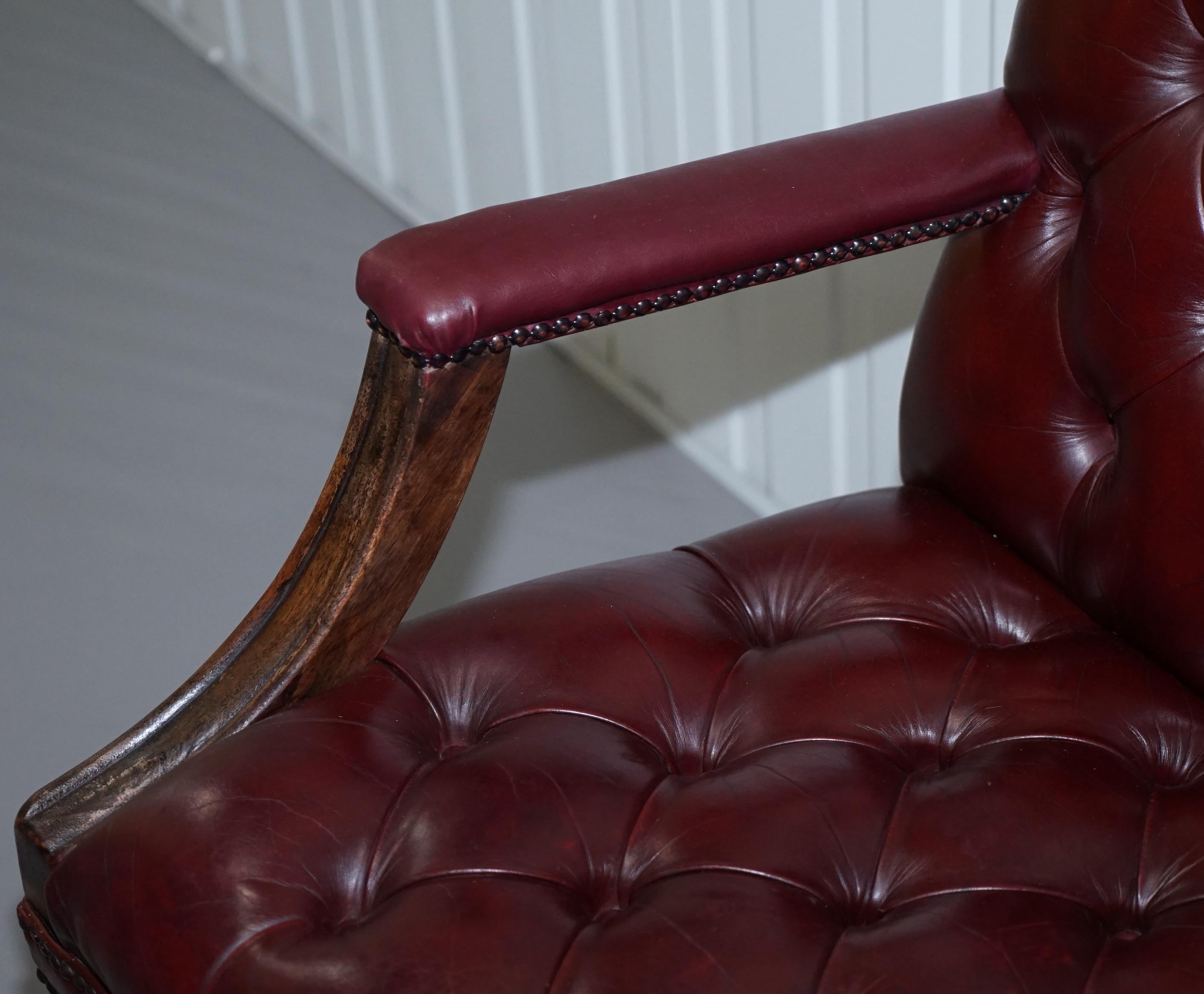 Pair of Chesterfield Carved Hardwood & Oxblood Leather Gainsborough Armchairs 2 1