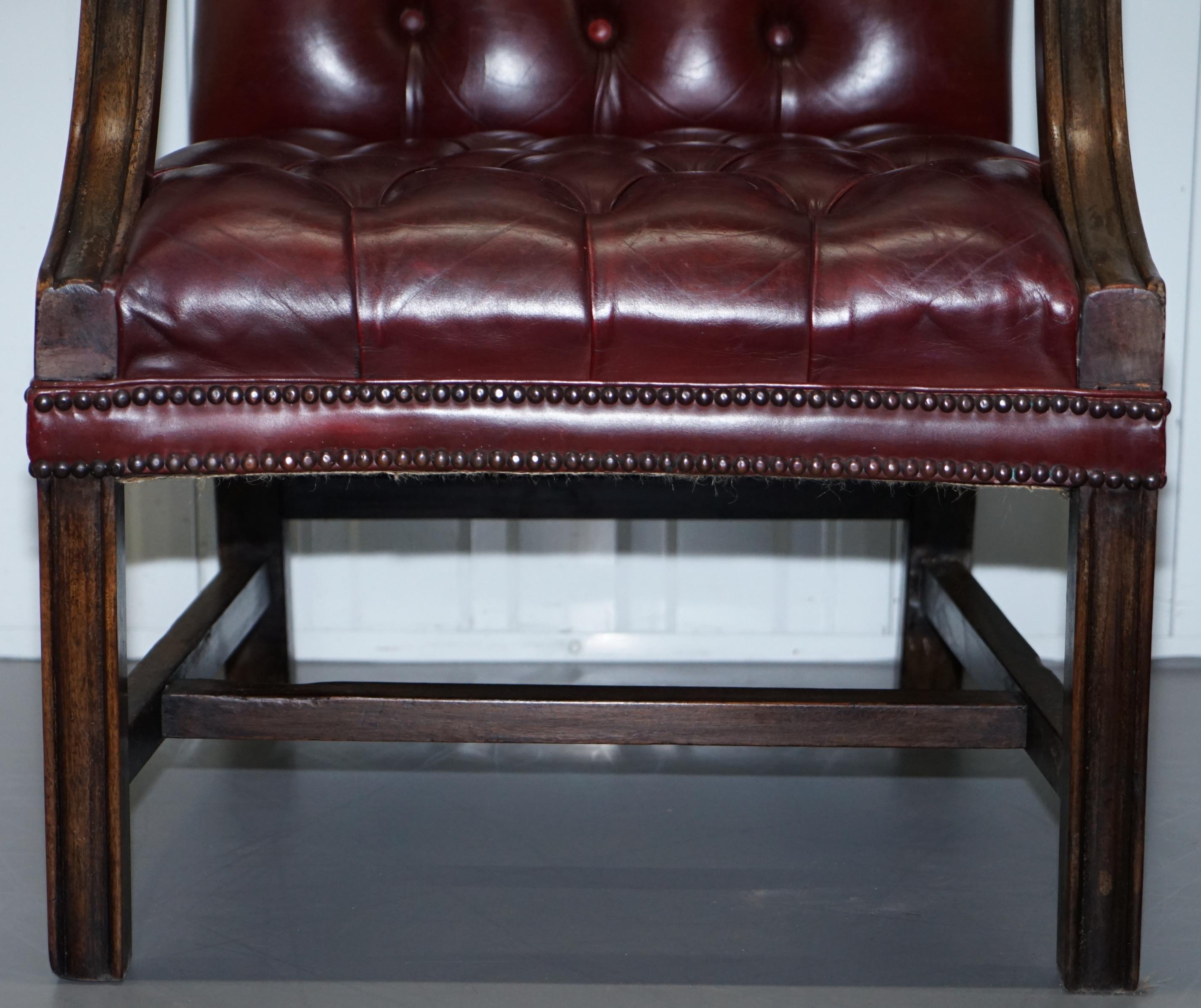 Pair of Chesterfield Carved Hardwood & Oxblood Leather Gainsborough Armchairs 2 3