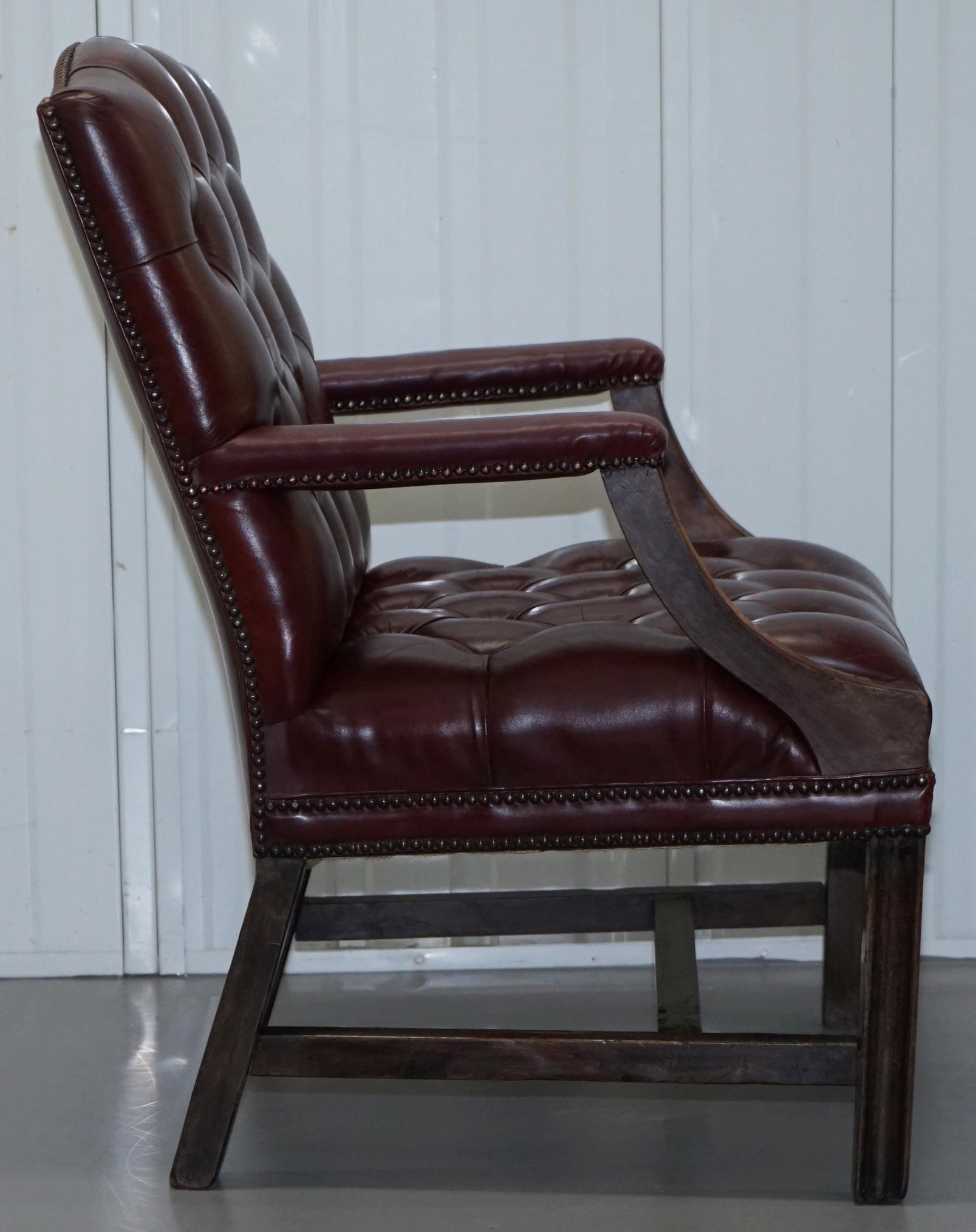 Pair of Chesterfield Carved Hardwood & Oxblood Leather Gainsborough Armchairs 2 4
