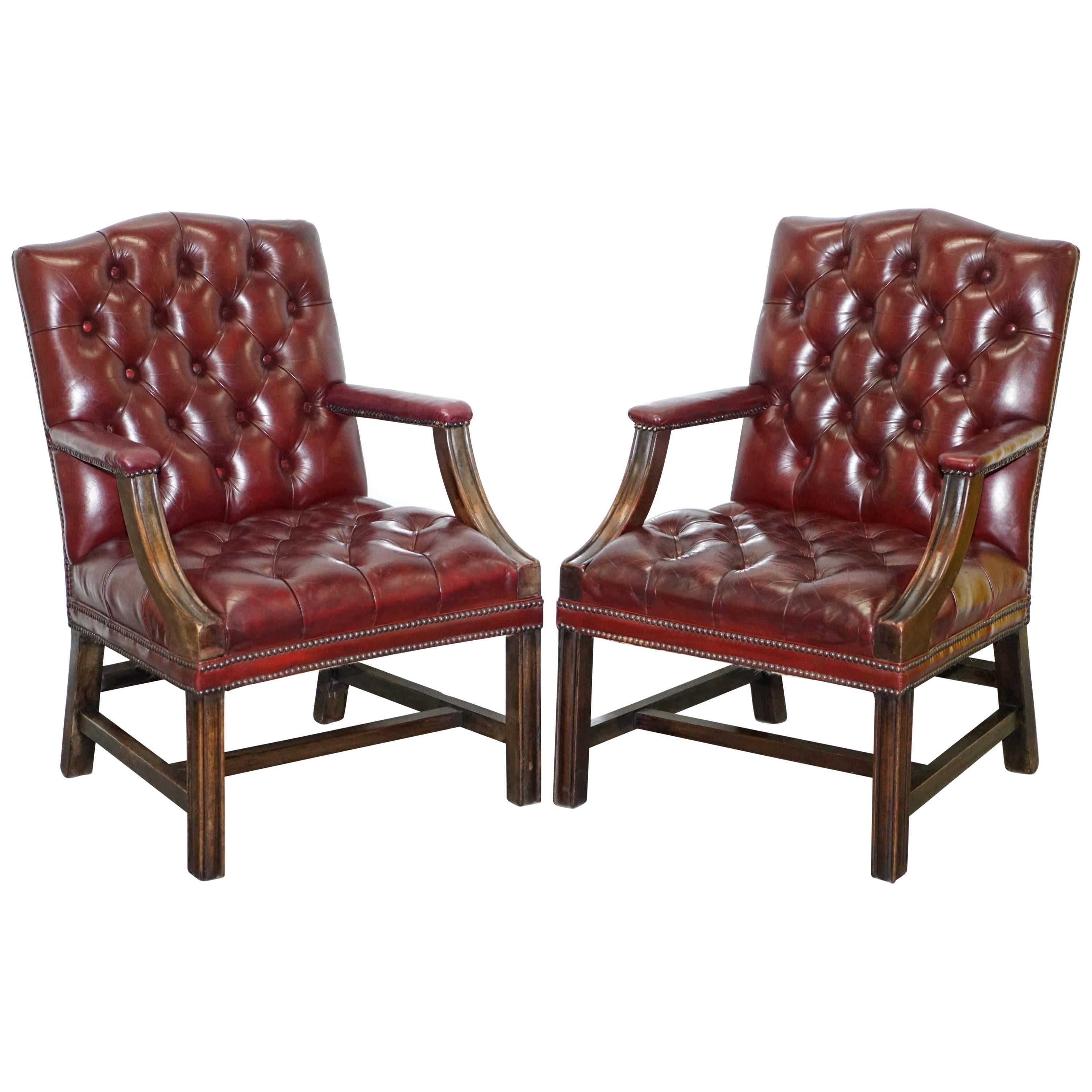 Pair of Chesterfield Carved Hardwood & Oxblood Leather Gainsborough Armchairs 2