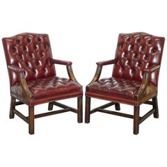 Vintage Pair of Chesterfield Carved Hardwood & Oxblood Leather Gainsborough Armchairs 2