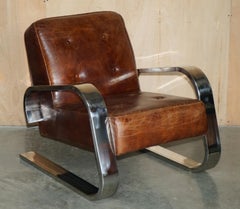 PAiR OF CHESTERFIELD CHROME FRAMED HERITAGE BROWN LEATHER DESIGNER ARMCHAIRS