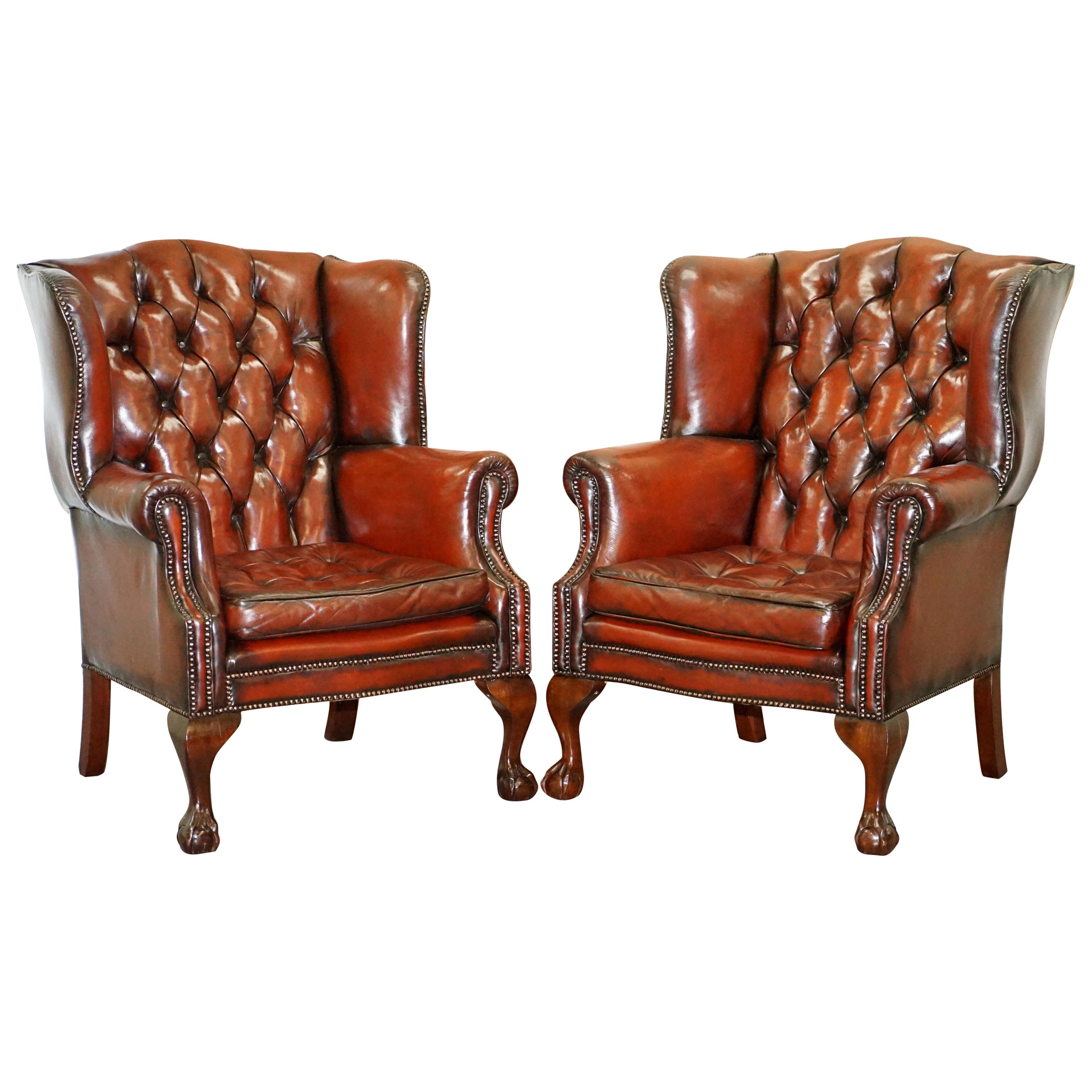 Pair of Chesterfield Claw 
Ball Chippendale Wingback Brown Leather Armchairs