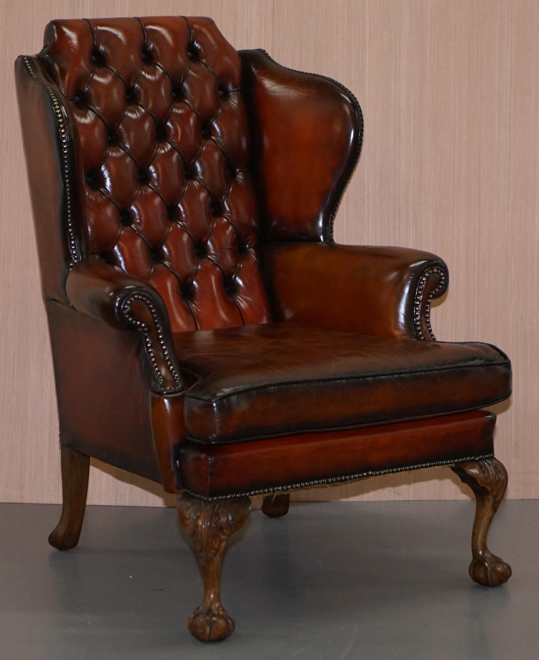 Pair of Chesterfield Claw and Ball Luxury Wingback Armchairs Cigar Brown Leather 3