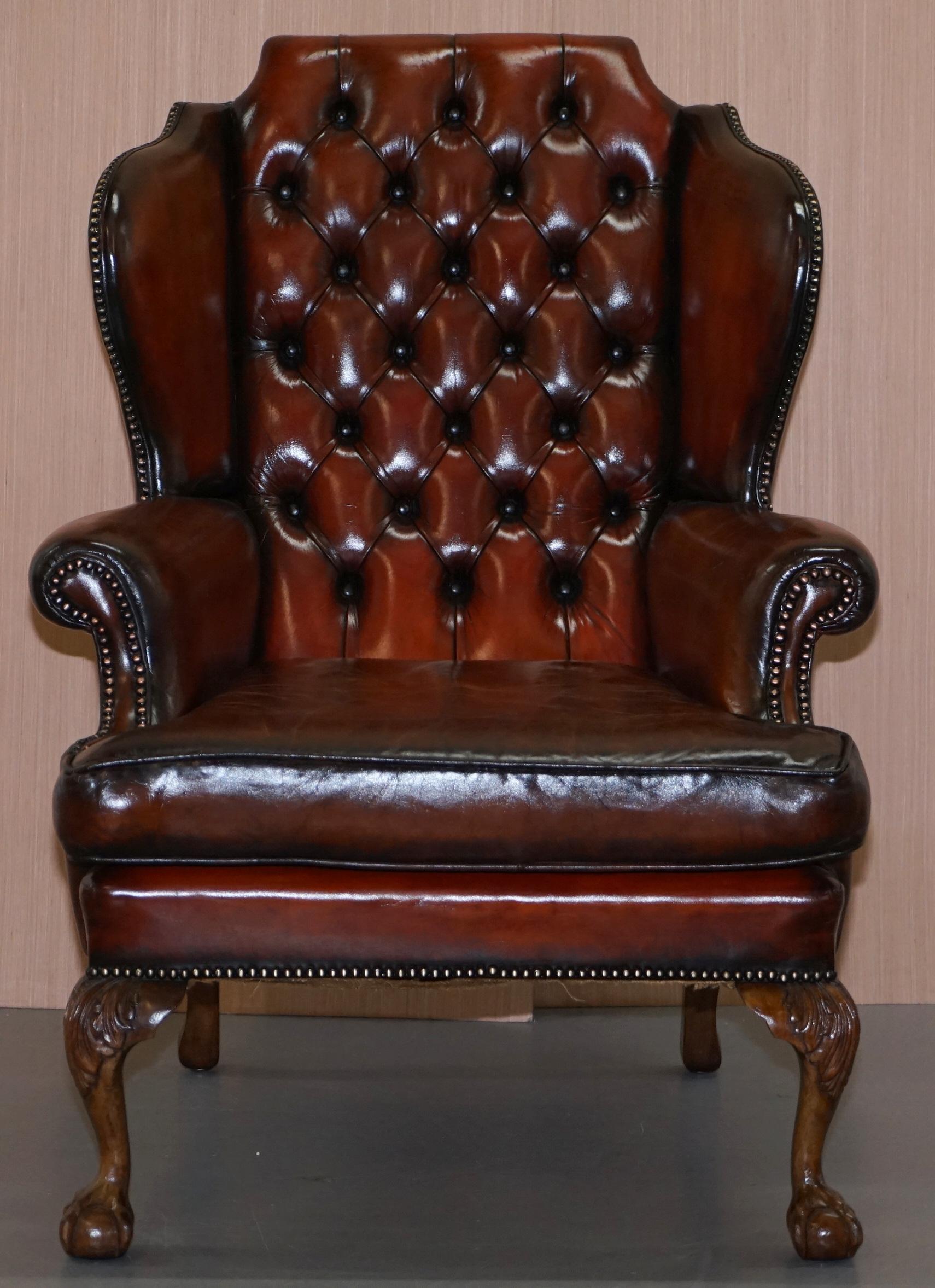 Pair of Chesterfield Claw and Ball Luxury Wingback Armchairs Cigar Brown Leather 4