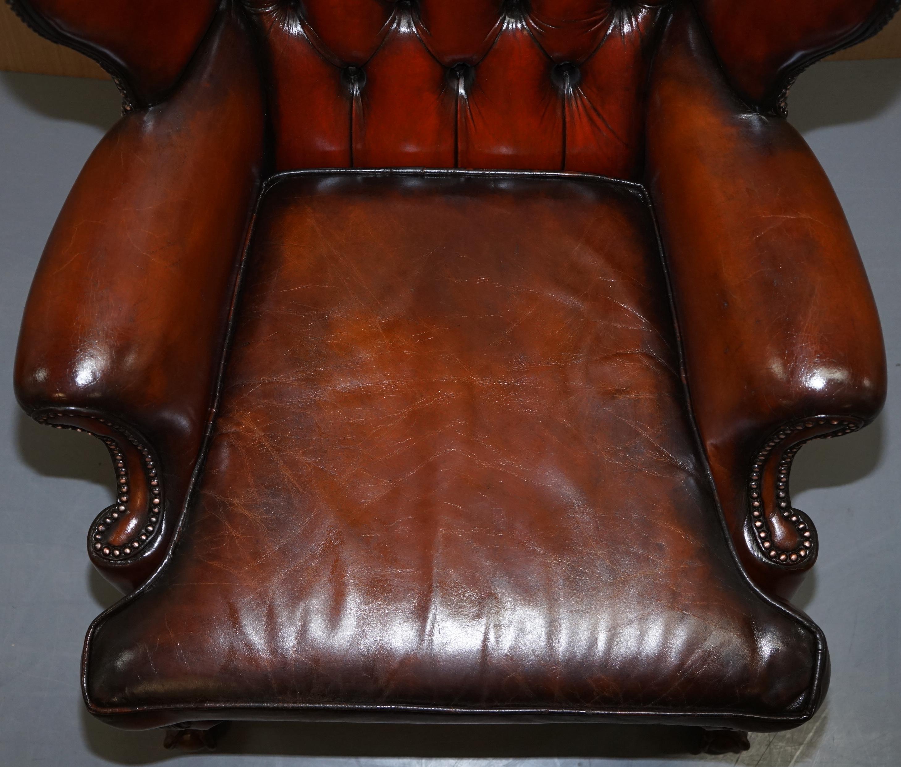 Pair of Chesterfield Claw and Ball Luxury Wingback Armchairs Cigar Brown Leather 5