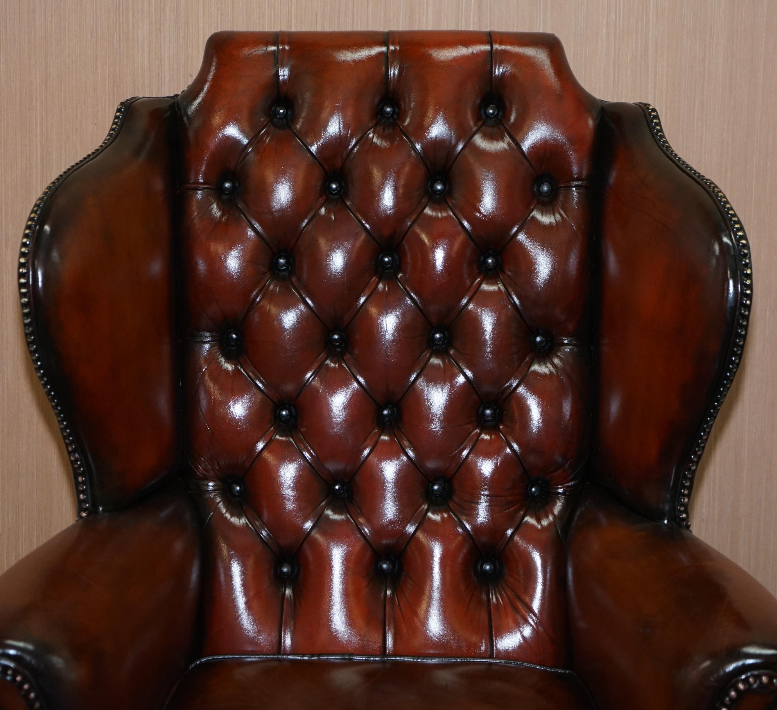 Pair of Chesterfield Claw and Ball Luxury Wingback Armchairs Cigar Brown Leather 6