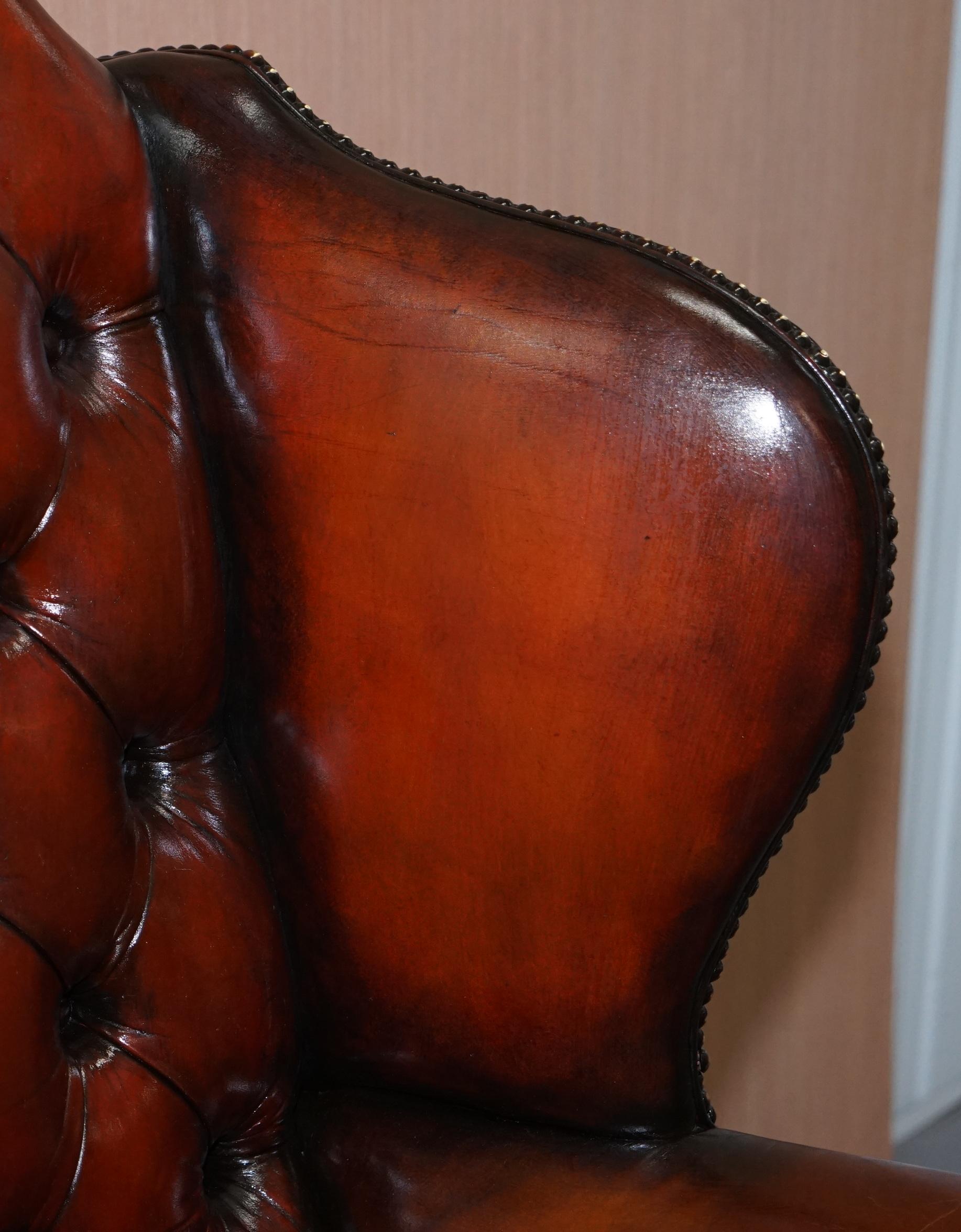 Pair of Chesterfield Claw and Ball Luxury Wingback Armchairs Cigar Brown Leather 8