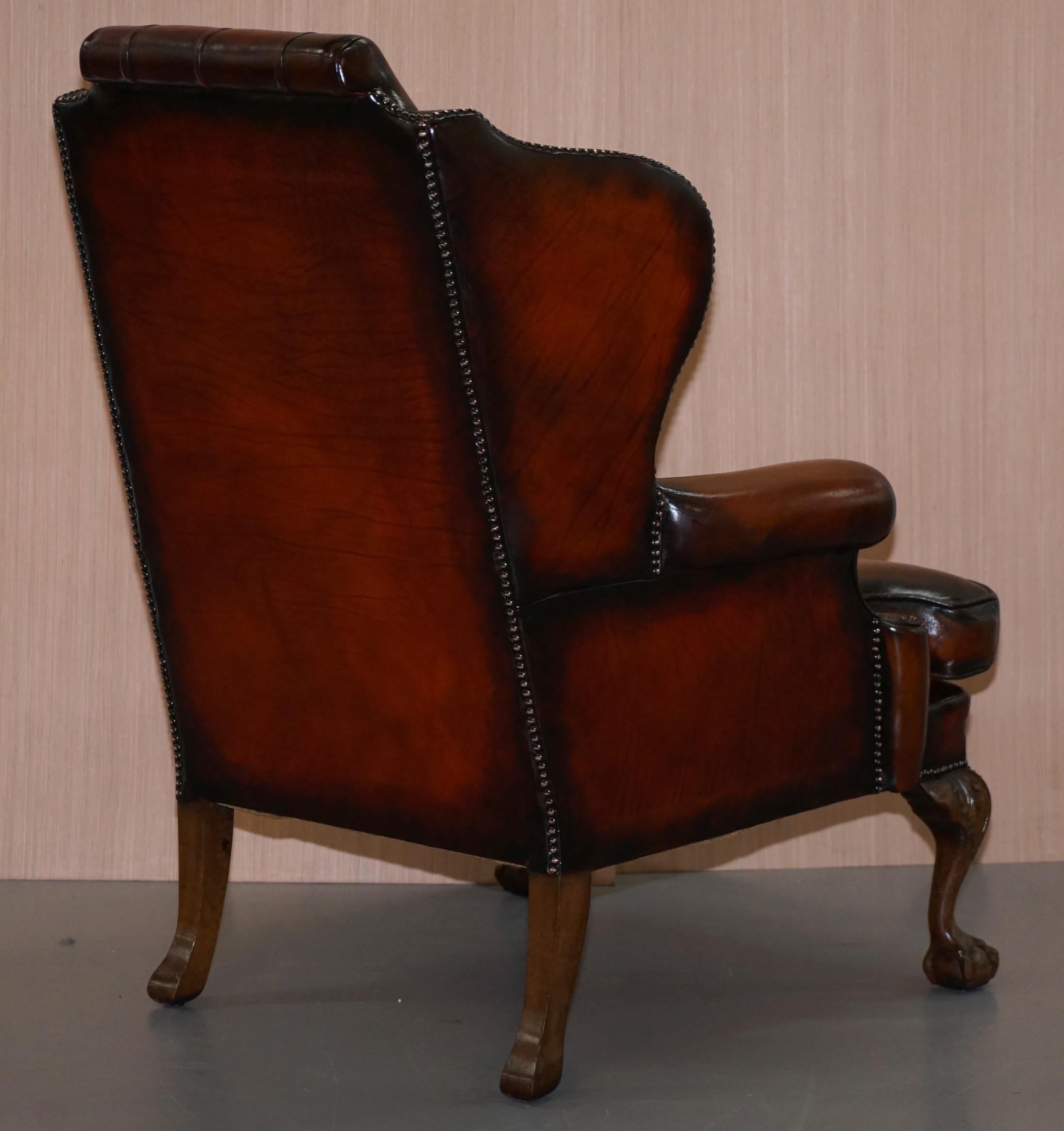 Pair of Chesterfield Claw and Ball Luxury Wingback Armchairs Cigar Brown Leather 9