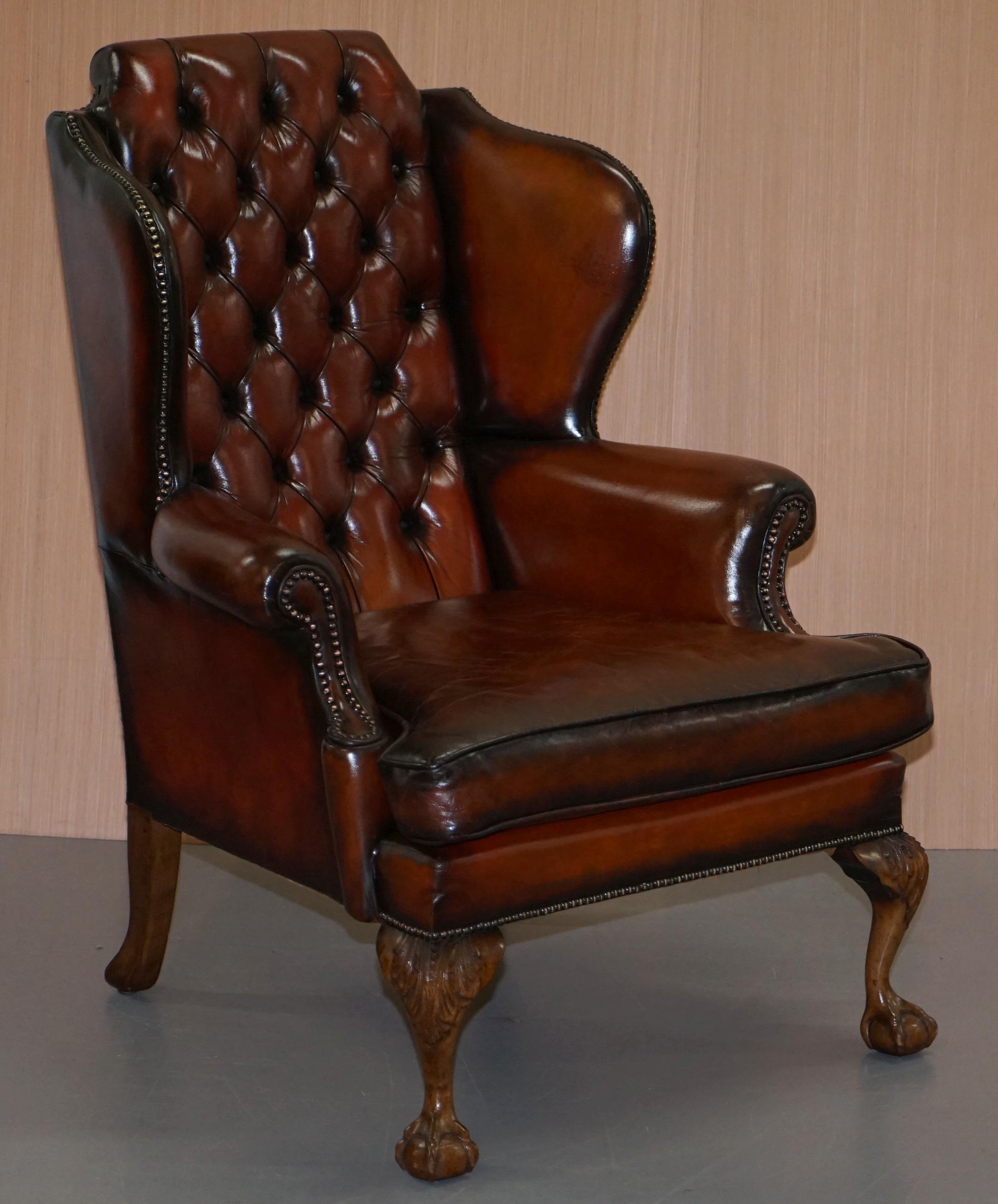 We are delighted to offer for sale this stunning pair of lovely Chesterfield Claw & Ball feet fully restored vintage wingback armchairs in cigar brown leather with thick heavy feather filled cushions

A good looking and comfortable pair of coil